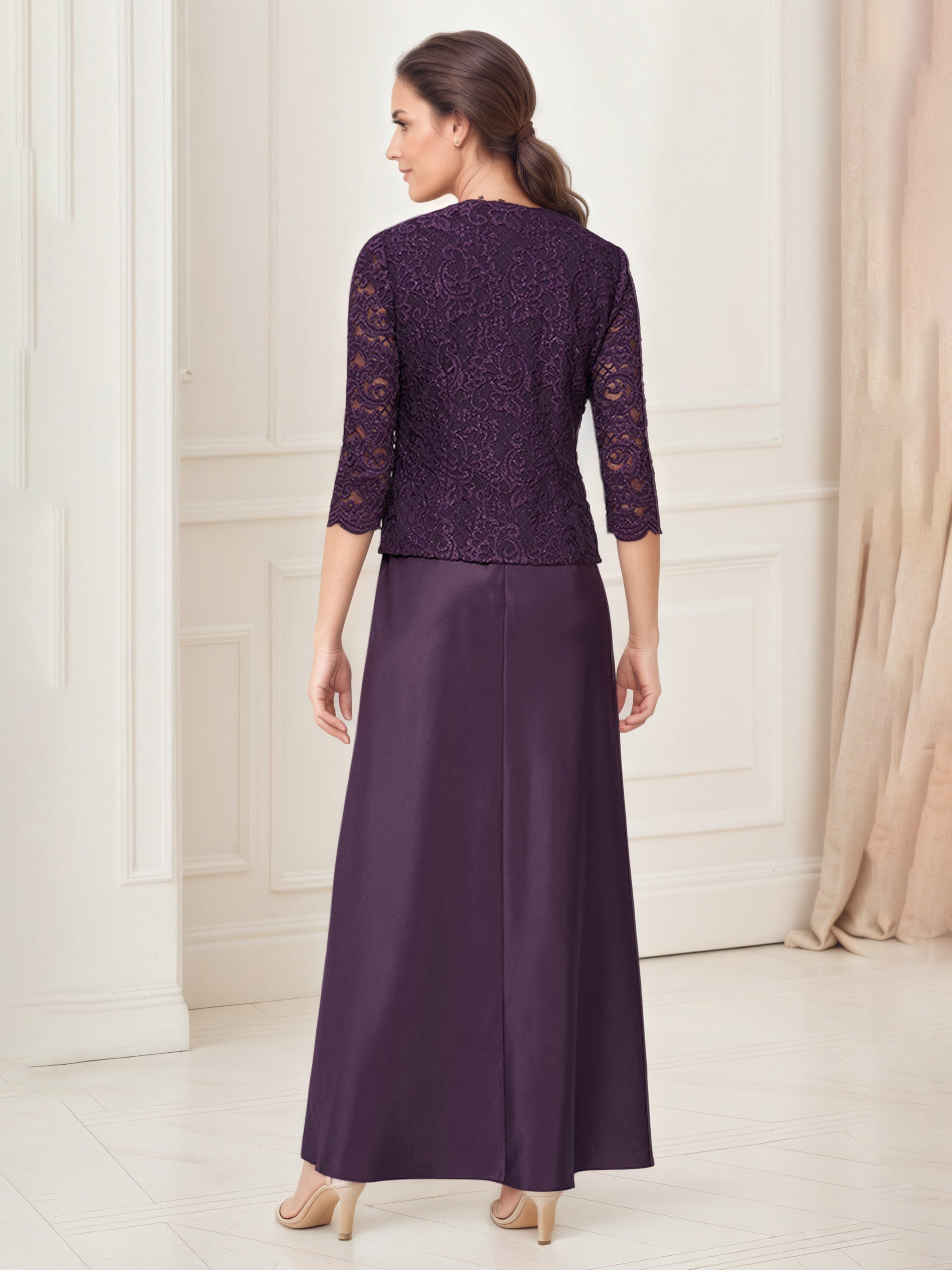 Tenue Mère De la Mariée Très Chic Aubergine Col Rond Robe Ensemble Manches 3/4 Avec Veste en Dentelle