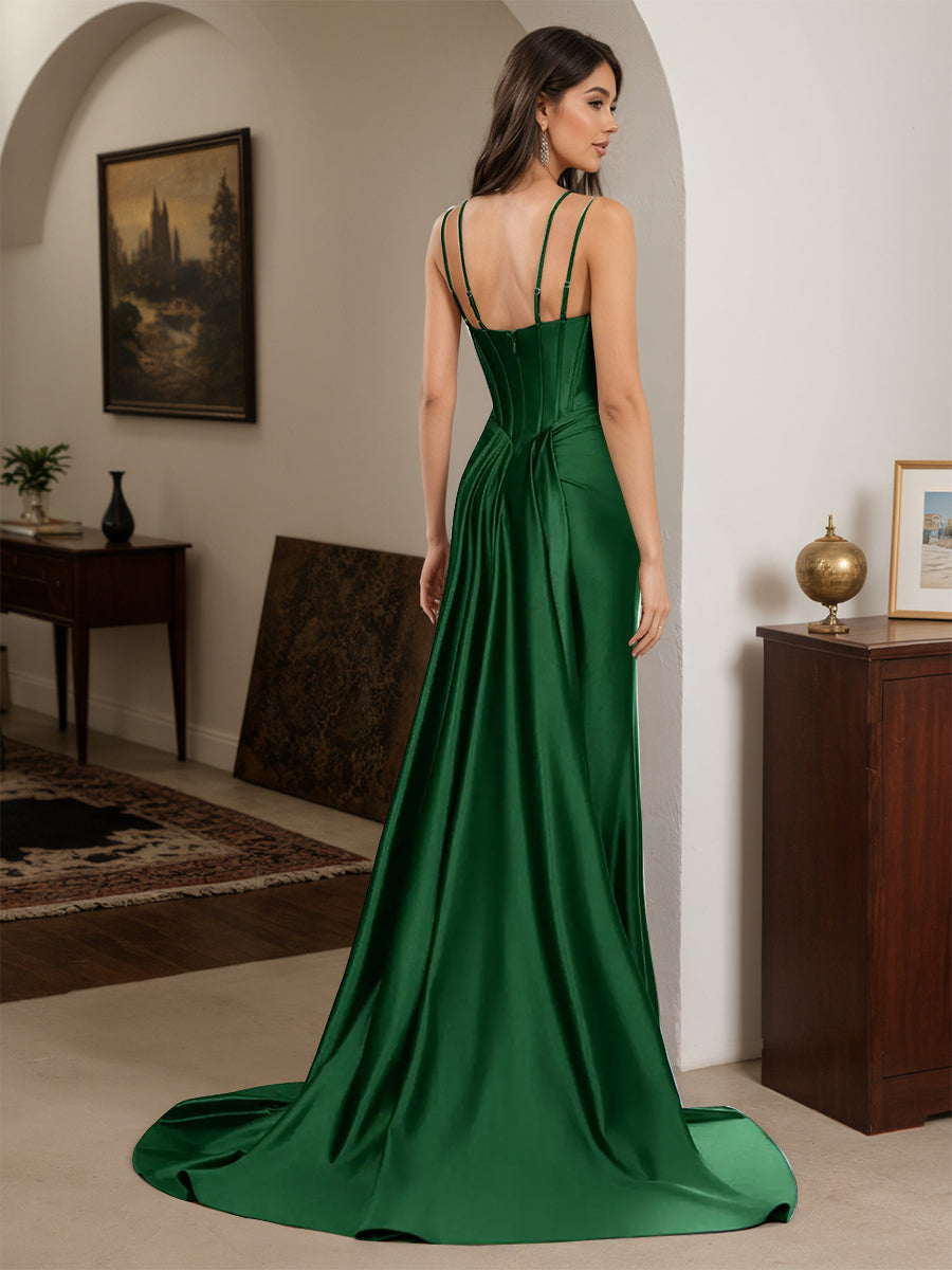 Cicinia Robe de Soirée VERT FONCE Longue Fourreau à Bretelles Spaghetti Perlé Fente