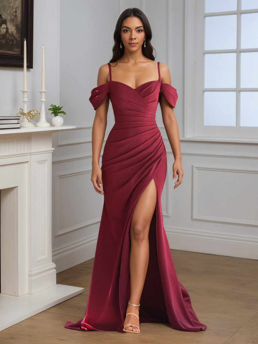 Cicinia BORDEAUX Robe de Soirée Longue Fourreau à Bretelles Spaghetti Fente Élégante