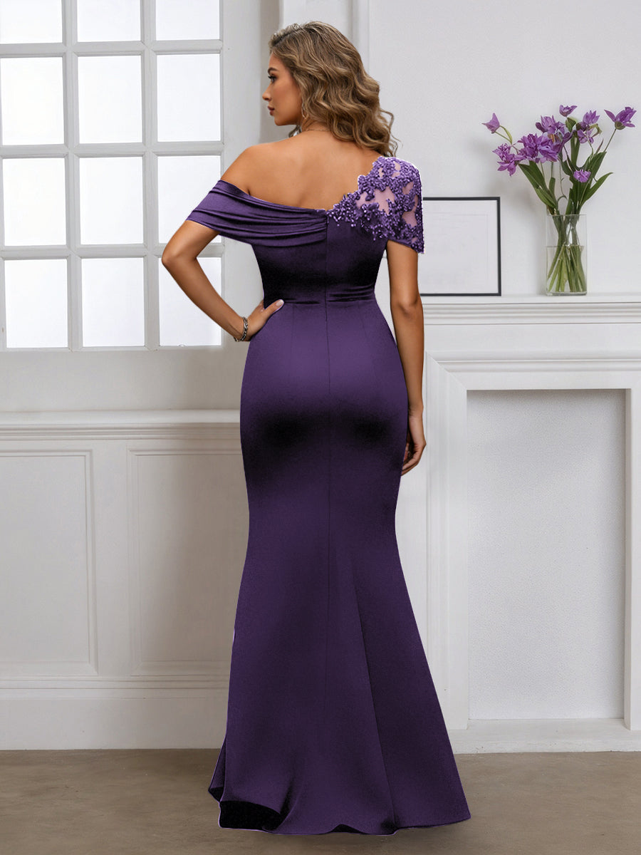Cicinia Robe pour Mère de la Mariée Raisin Longue en Tissu Extensible Fourreau Une Épaule Longueur Sol