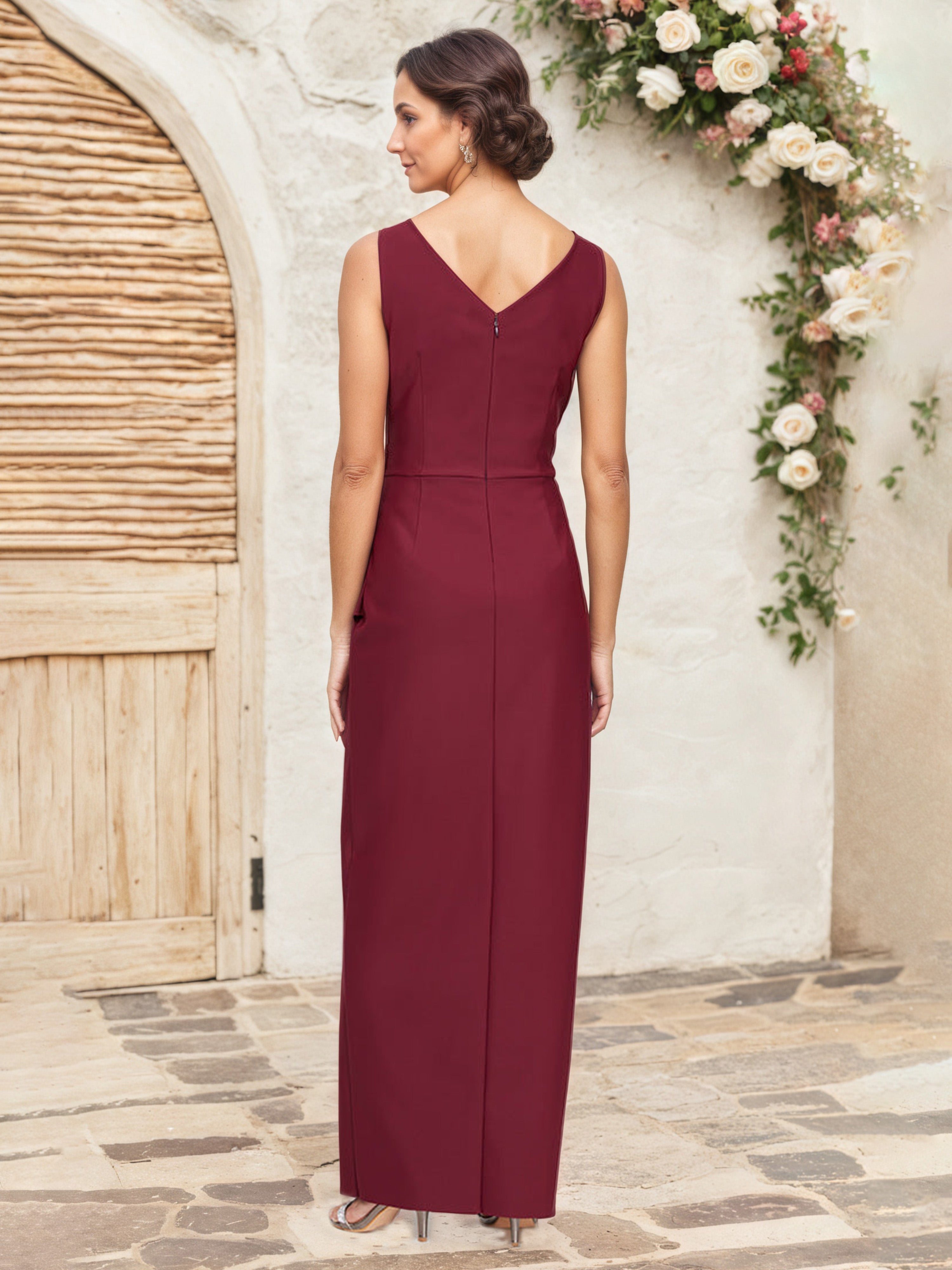 Robe Mère de la Mariée BORDEAUX Fourreau/Colonne Col V Sans Manches