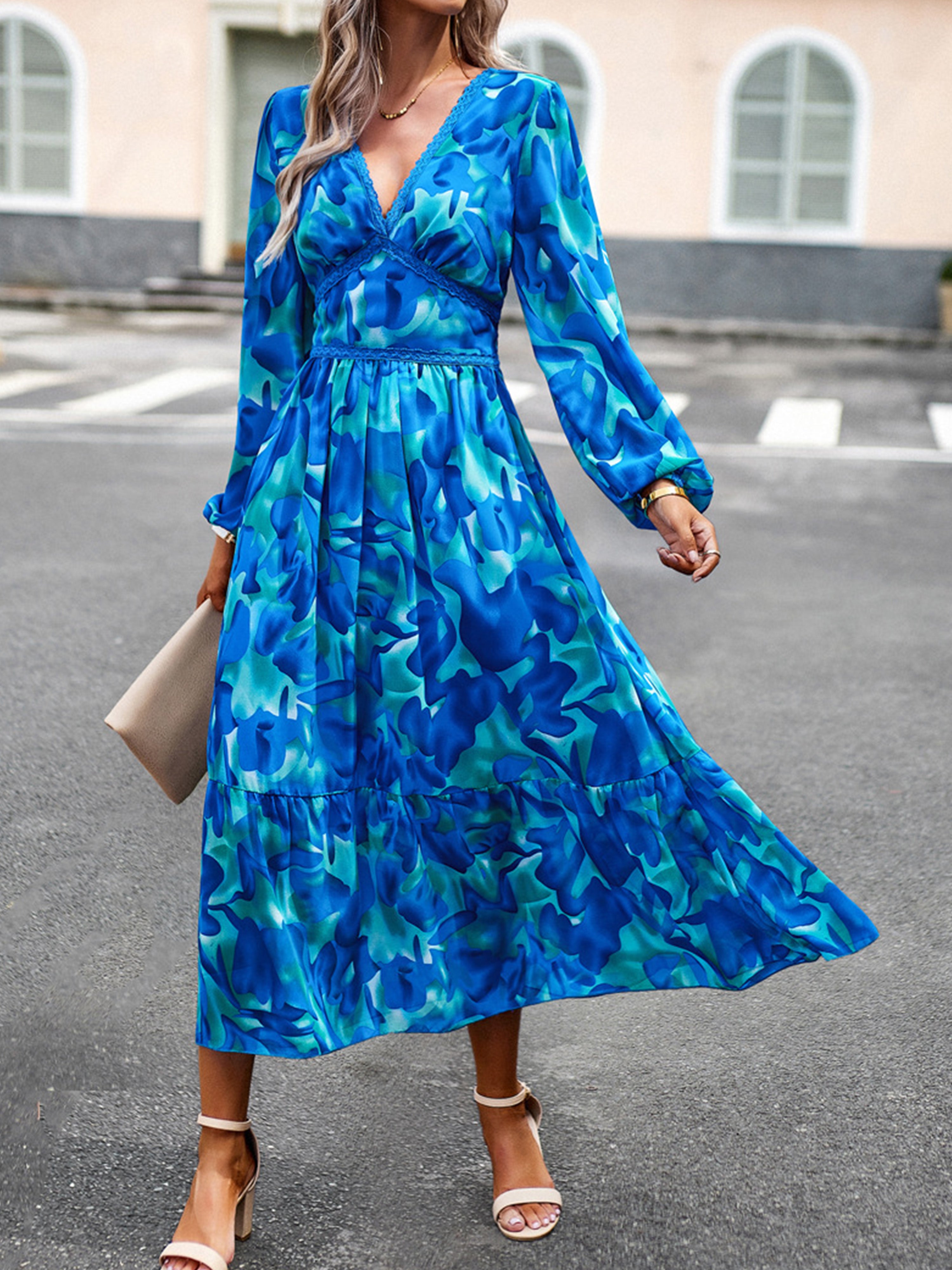 Robe Bleu Trapèze Col V Manches Longues Robe Invitée de Mariage