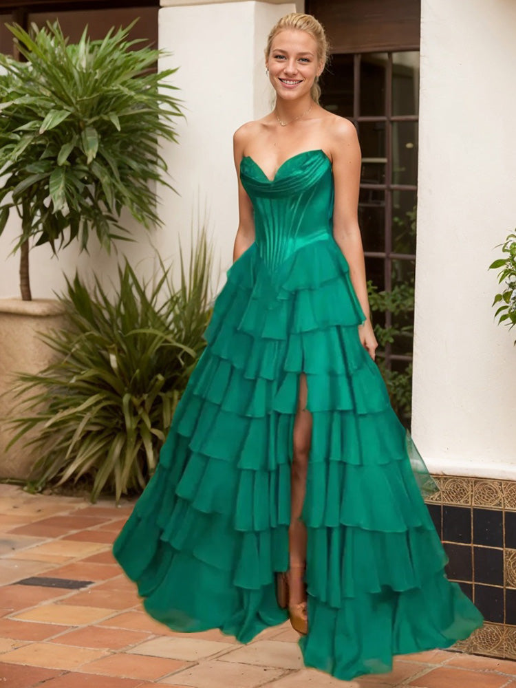 Robe de Soirée VERT FONCE Mousseline et Dentelle Trapèze avec corsage à Appliques