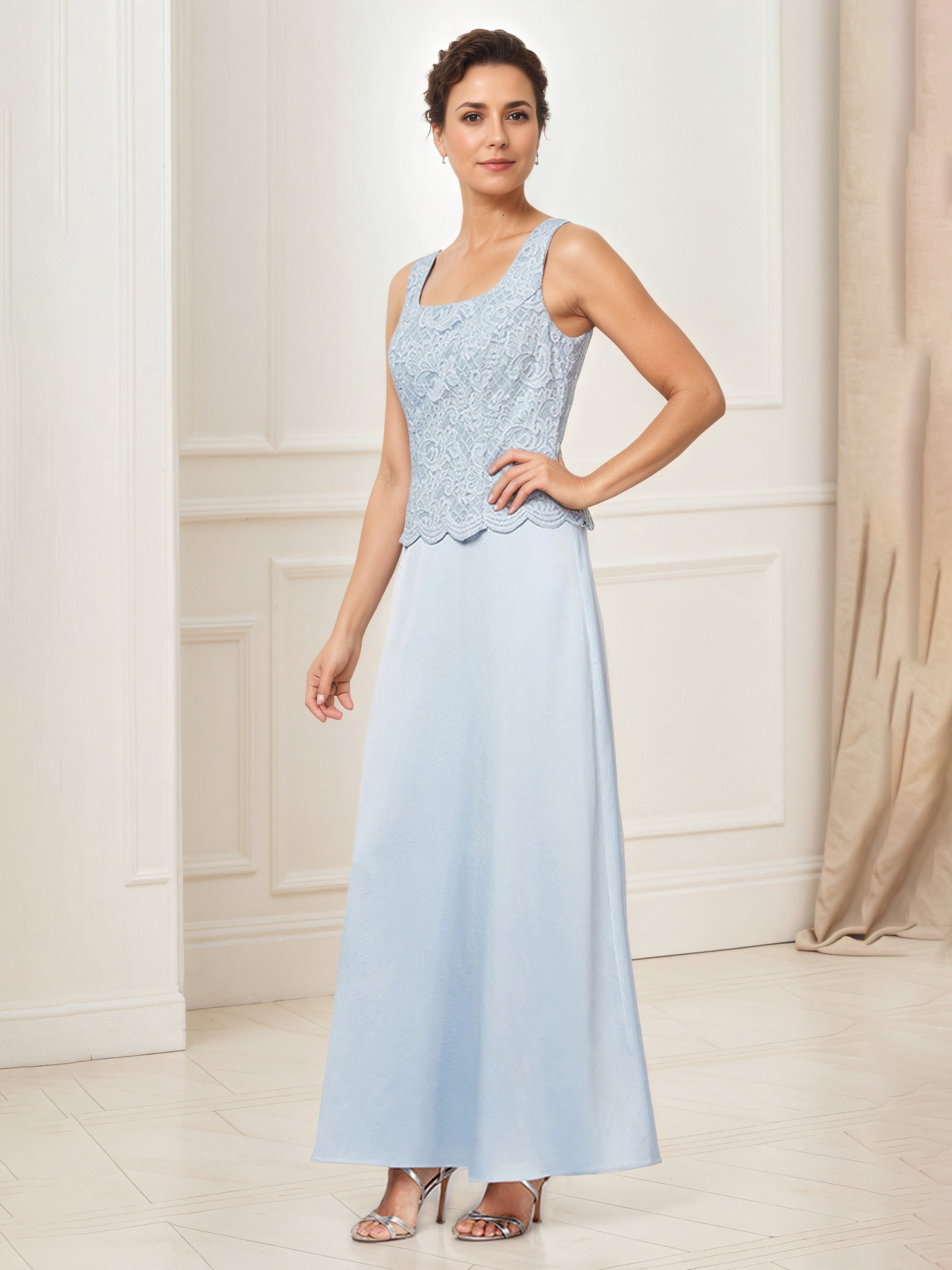Tenue Mère De la Mariée Très Chic BLEU_CIEL Col Rond Robe Ensemble Manches 3/4 Avec Veste en Dentelle