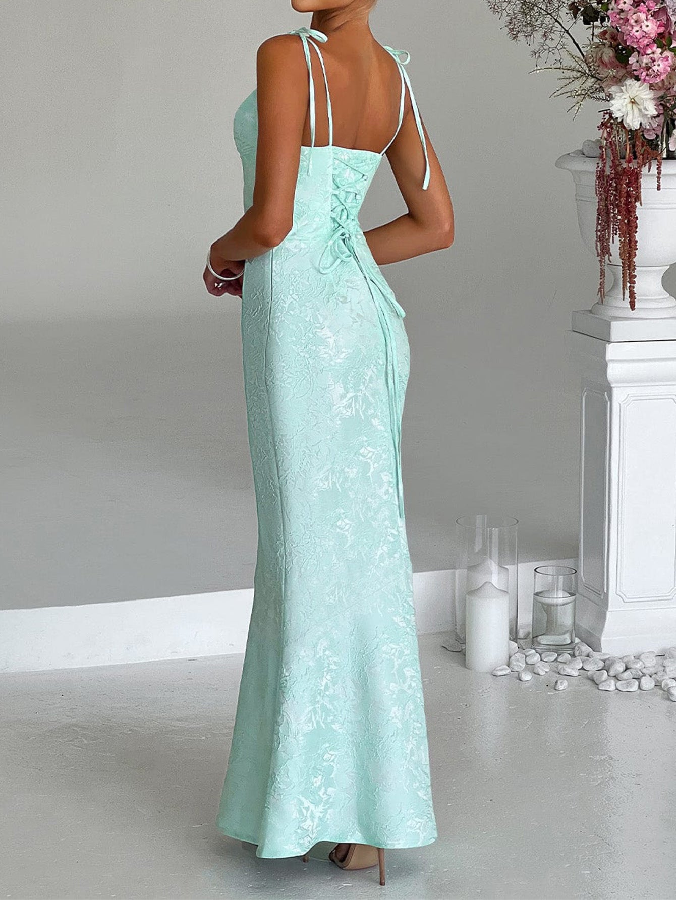 Robe Invitée Mariage VERT_MENTHE Encolure Carrée Bretelles Fines Imprimée Coupe Fourreau