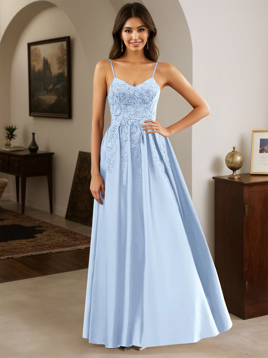 Cicinia Robe de Soirée BLEU CIEL Longue A-Line en Satin Appliqués Dentelle Longueur Sol
