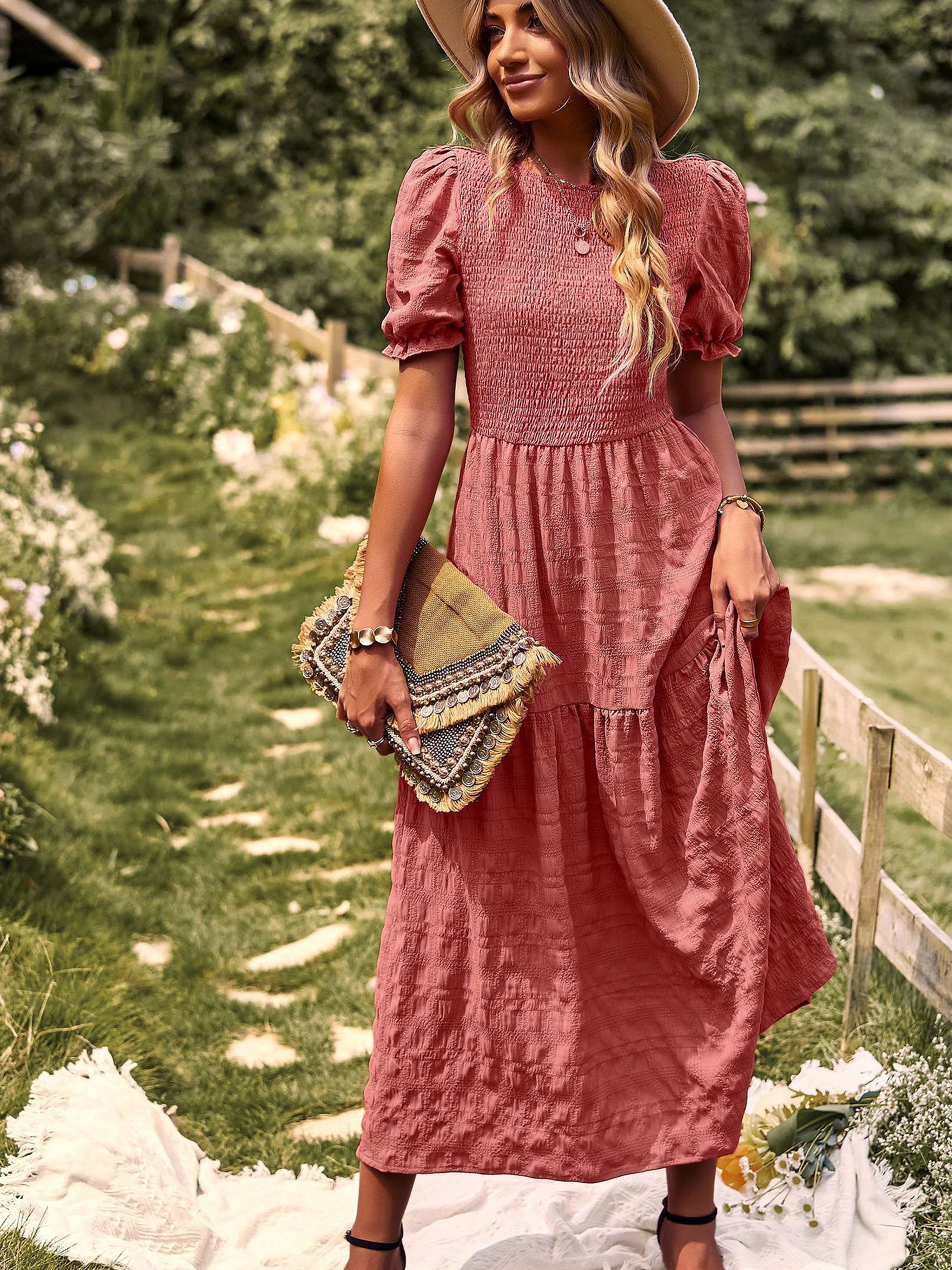 Robe Longue Trapèze Col Rond Manches Courtes à Volants Robe Invitée de Mariage en Orange