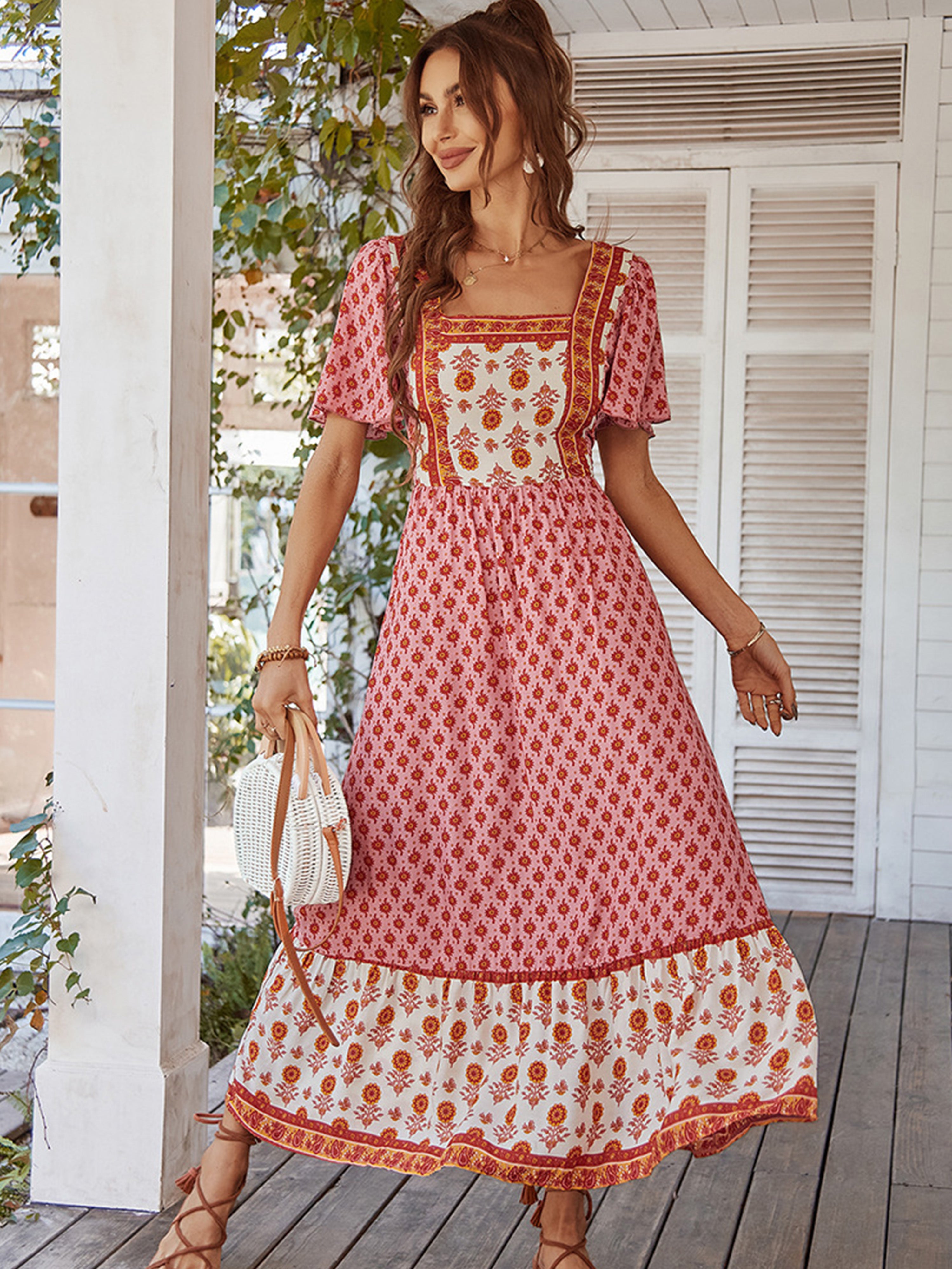 Robe Trapèze Col Carré Manches Courtes Robe Invitée de Mariage en Rose