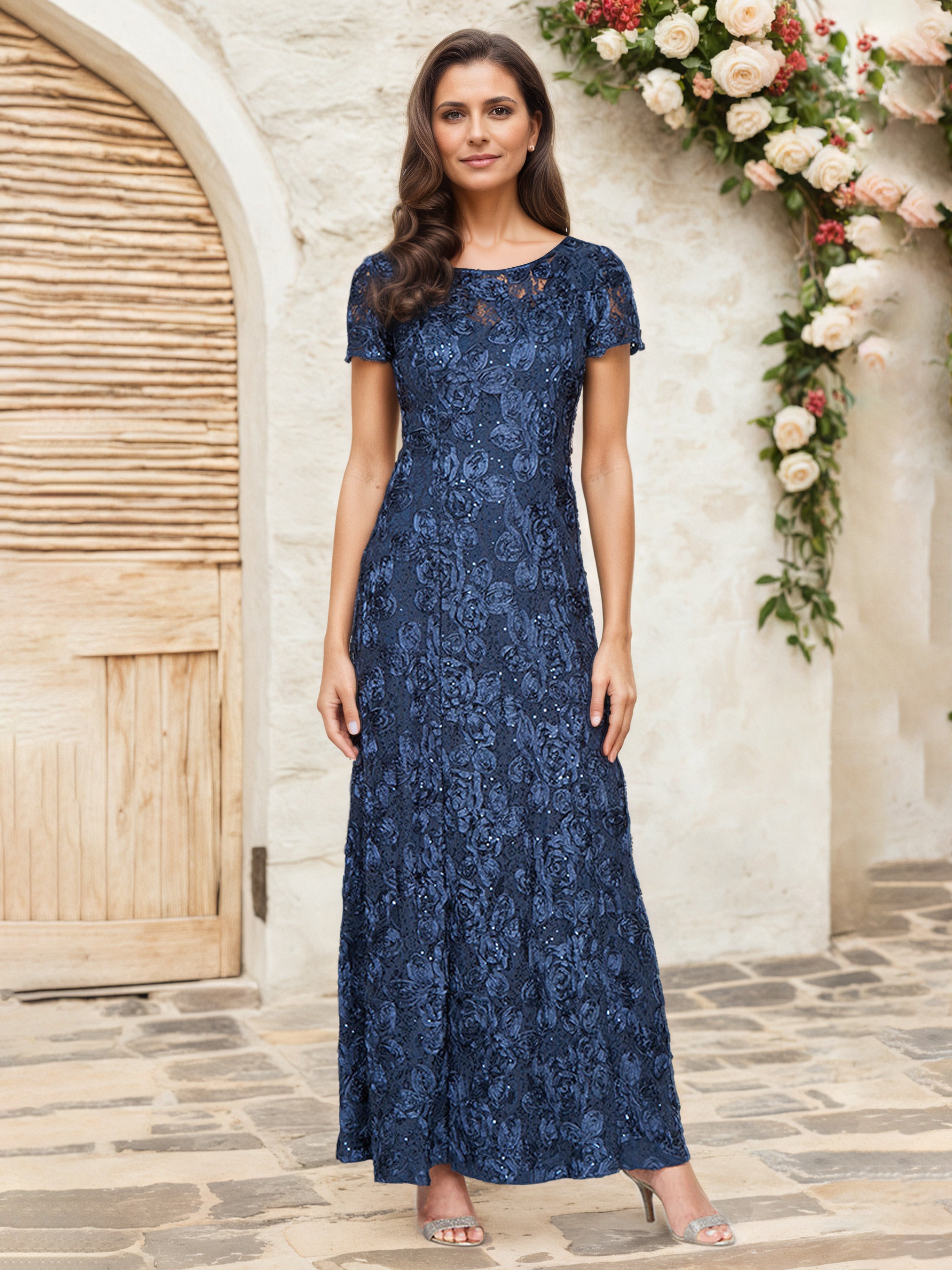 Robe Cérémonie Mariage Mère Du Marié BLEU_MARINE Paillettes Florales Fourreau/Colonne Robe Mère de la Mariée