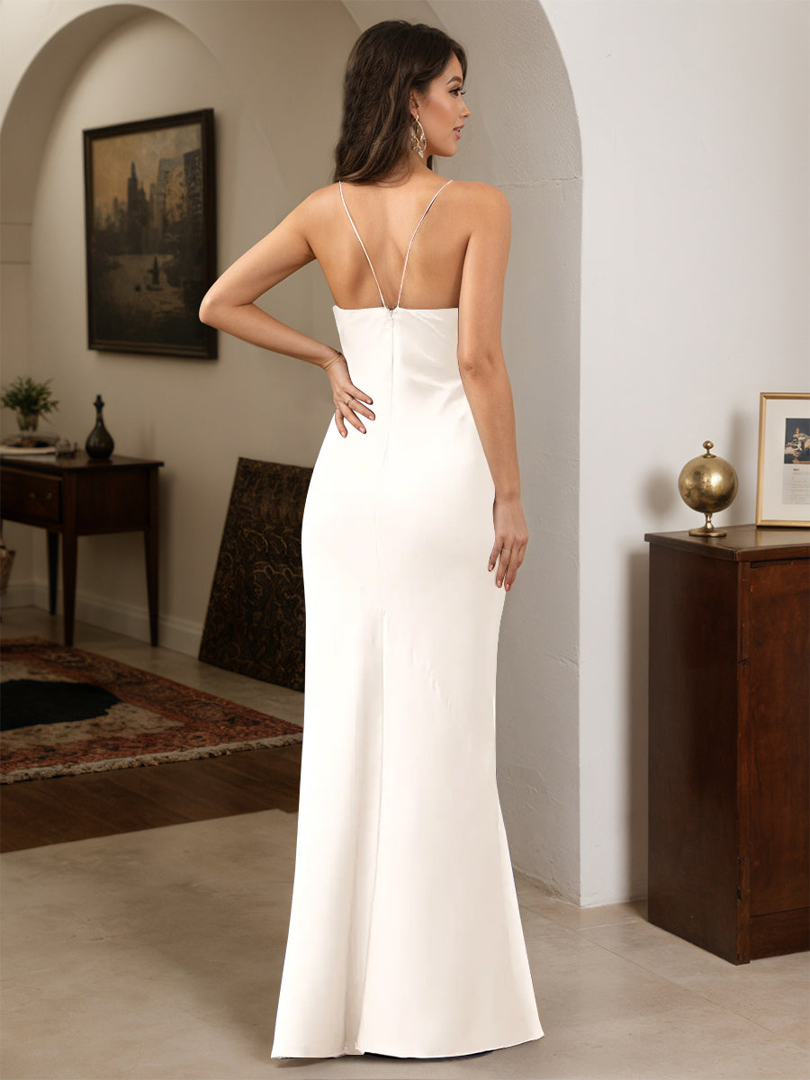 Cicinia Robe de Soirée Blanche Longue en Satin Doux Fourreau à Bretelles Spaghetti Fente Longueur Sol Chic
