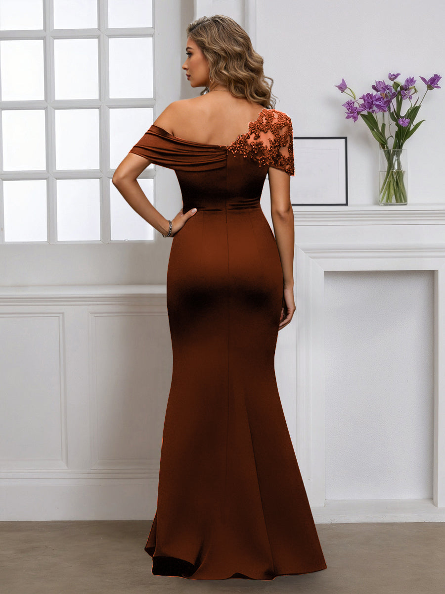 Cicinia Brun Robe pour Mère de la Mariée Longue en Tissu Extensible Fourreau Une Épaule Longueur Sol