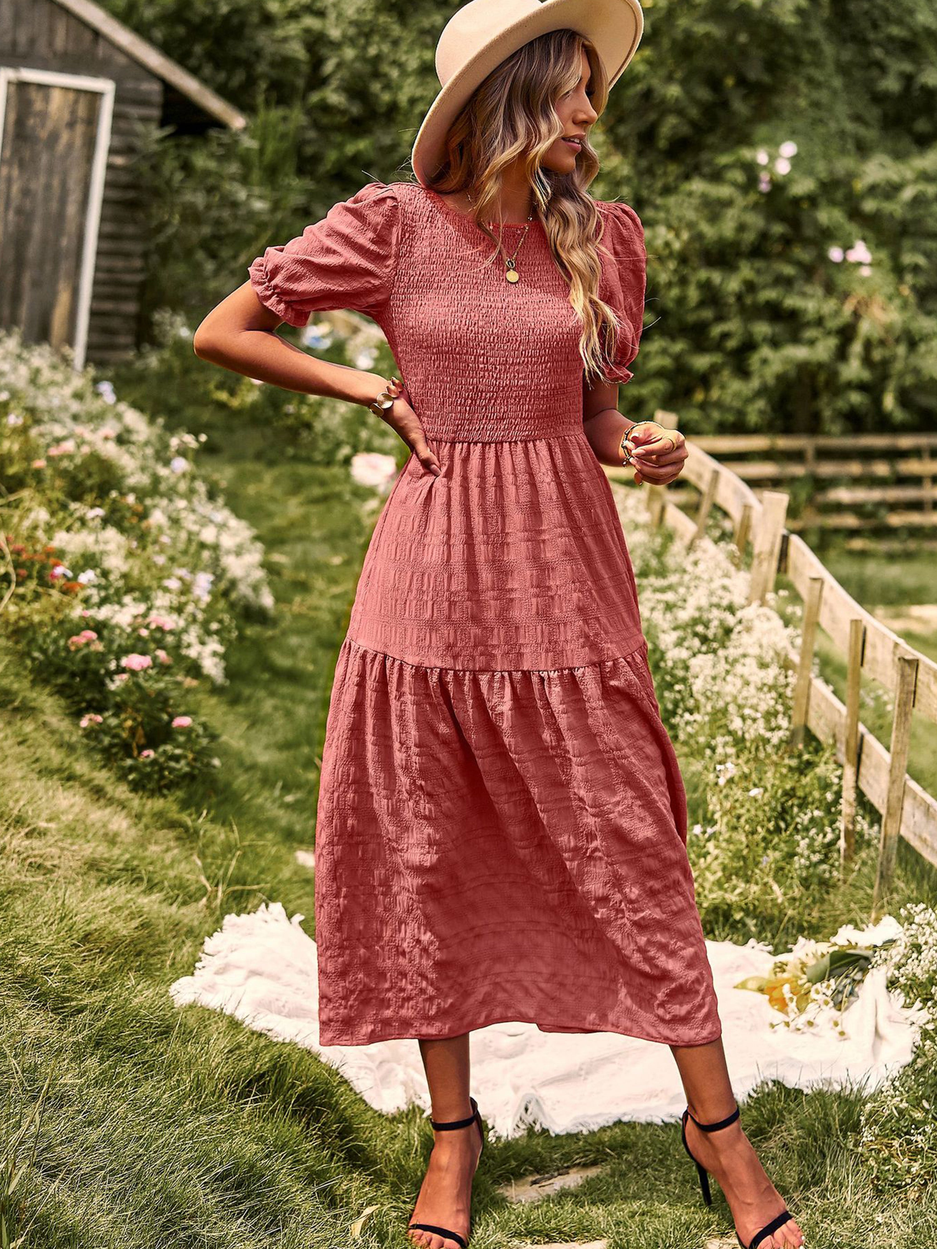 Robe Longue Trapèze Col Rond Manches Courtes à Volants Robe Invitée de Mariage en Orange