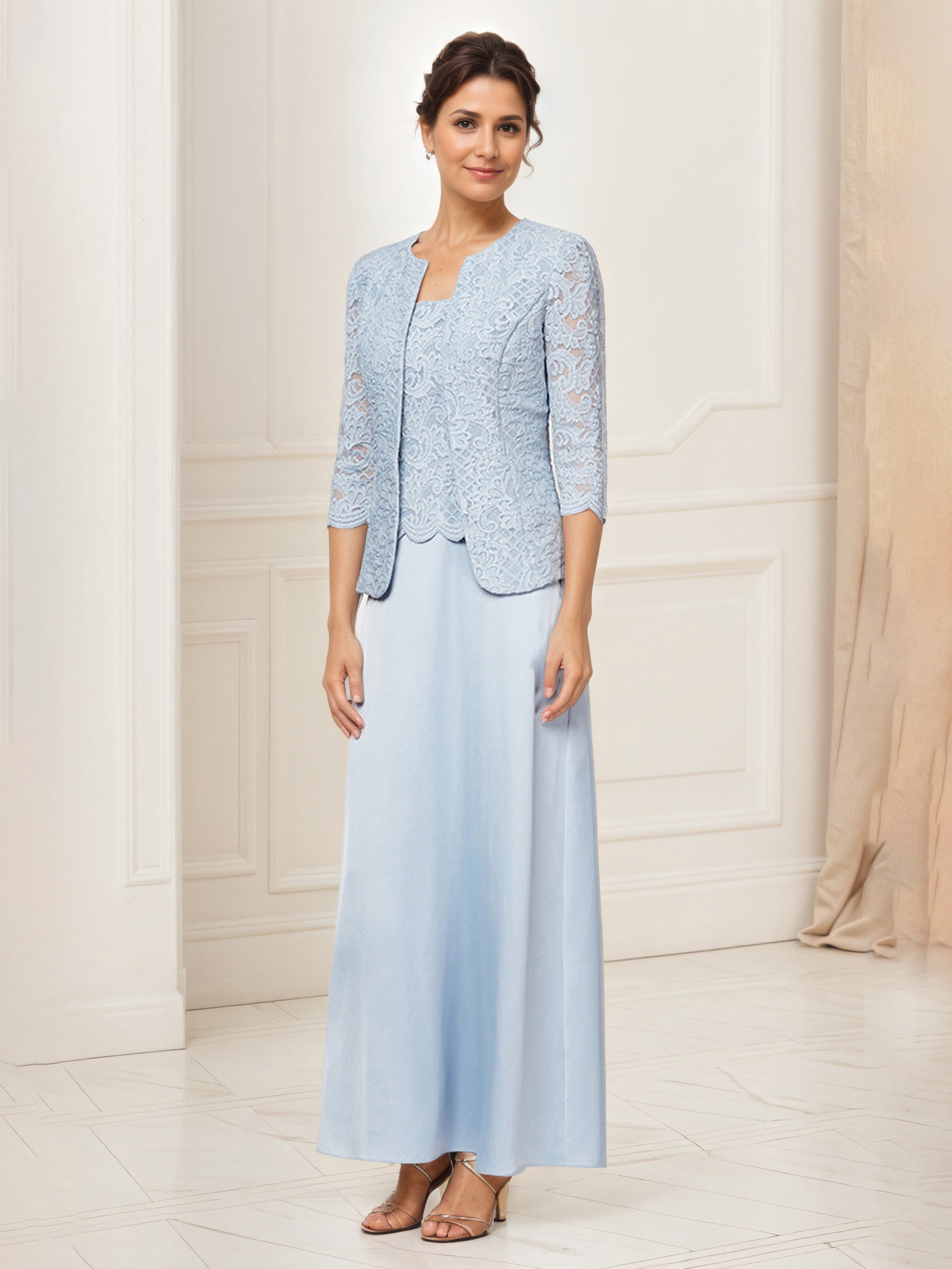 Tenue Mère De la Mariée Très Chic BLEU_CIEL Col Rond Robe Ensemble Manches 3/4 Avec Veste en Dentelle