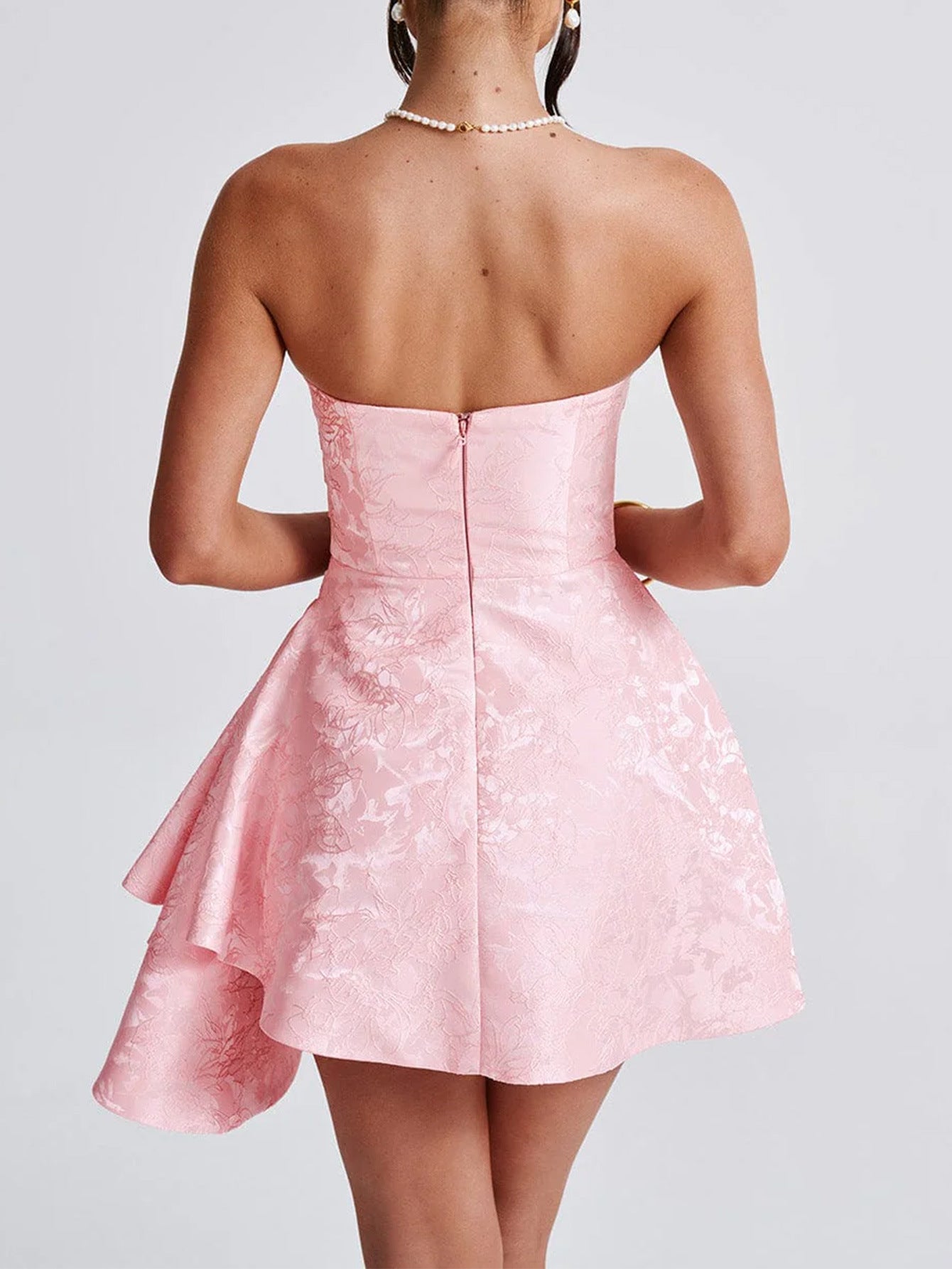Robe Invitée Mariage ROSE_POUDRE Mini Imprimé Volant Latéral Sans Bretelles