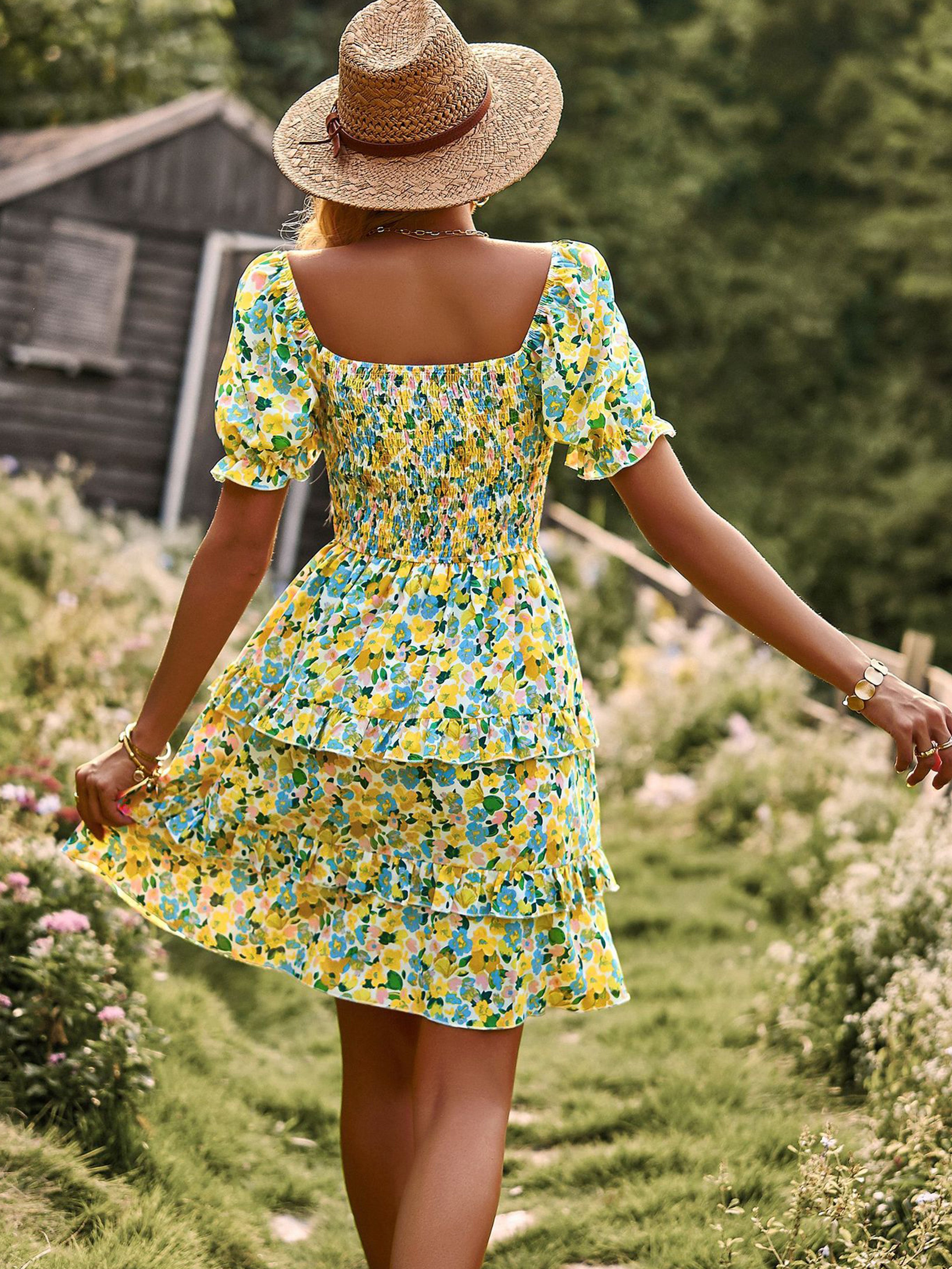 Robe Col Rond Manches Courtes Trapèze Robe Invitée de Mariage en Jaune