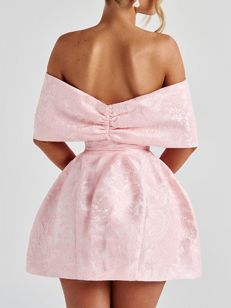 Robe Invitée Mariage Rose Pâle Encolure Illusion à Nœud et Épaules Dénudées