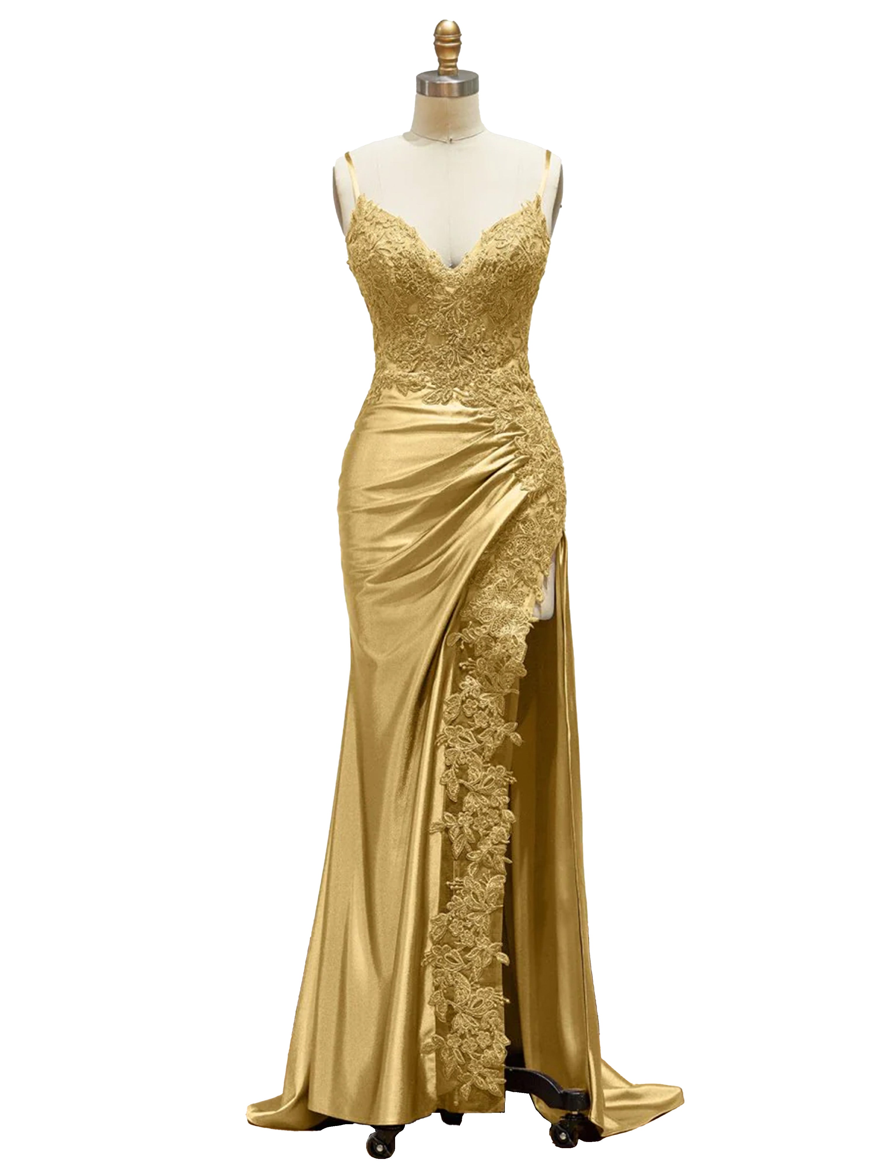 Robe de Soirée OR Col V Bretelles Spaghetti en Dentelle Fourreau Fendue Robe de Bal