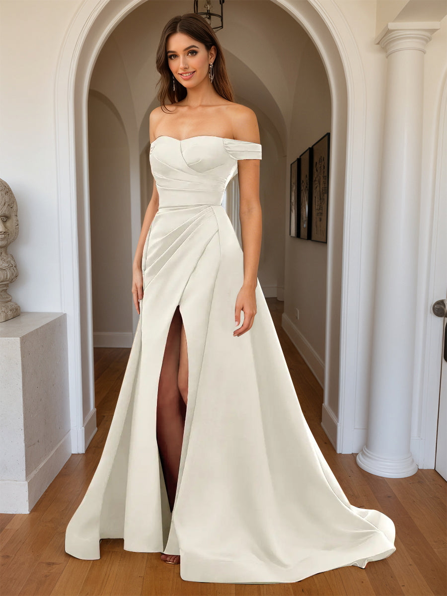 Cicinia IVOIRE Robe de Soirée Longue Fourreau en Satin Doux Fente Épaules Dénudées