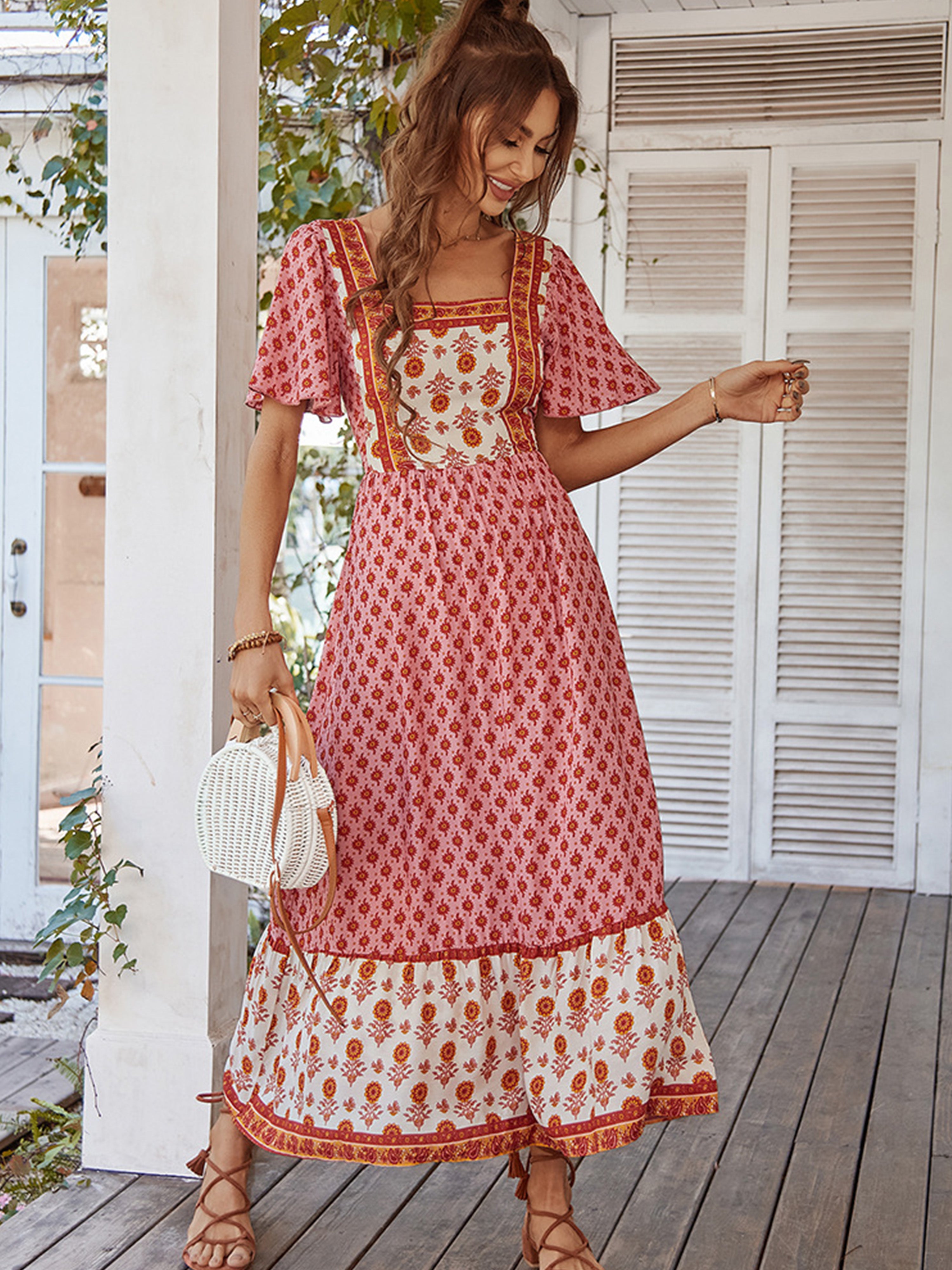 Robe Trapèze Col Carré Manches Courtes Robe Invitée de Mariage en Rose