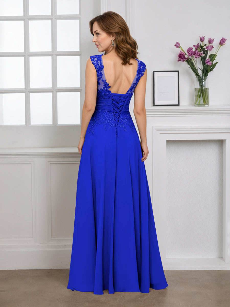 Cicinia Bleu Royal Robe pour Mère de la Mariée Longue A-Line en Mousseline Appliqués Dentelle Décolleté en V Longueur Sol