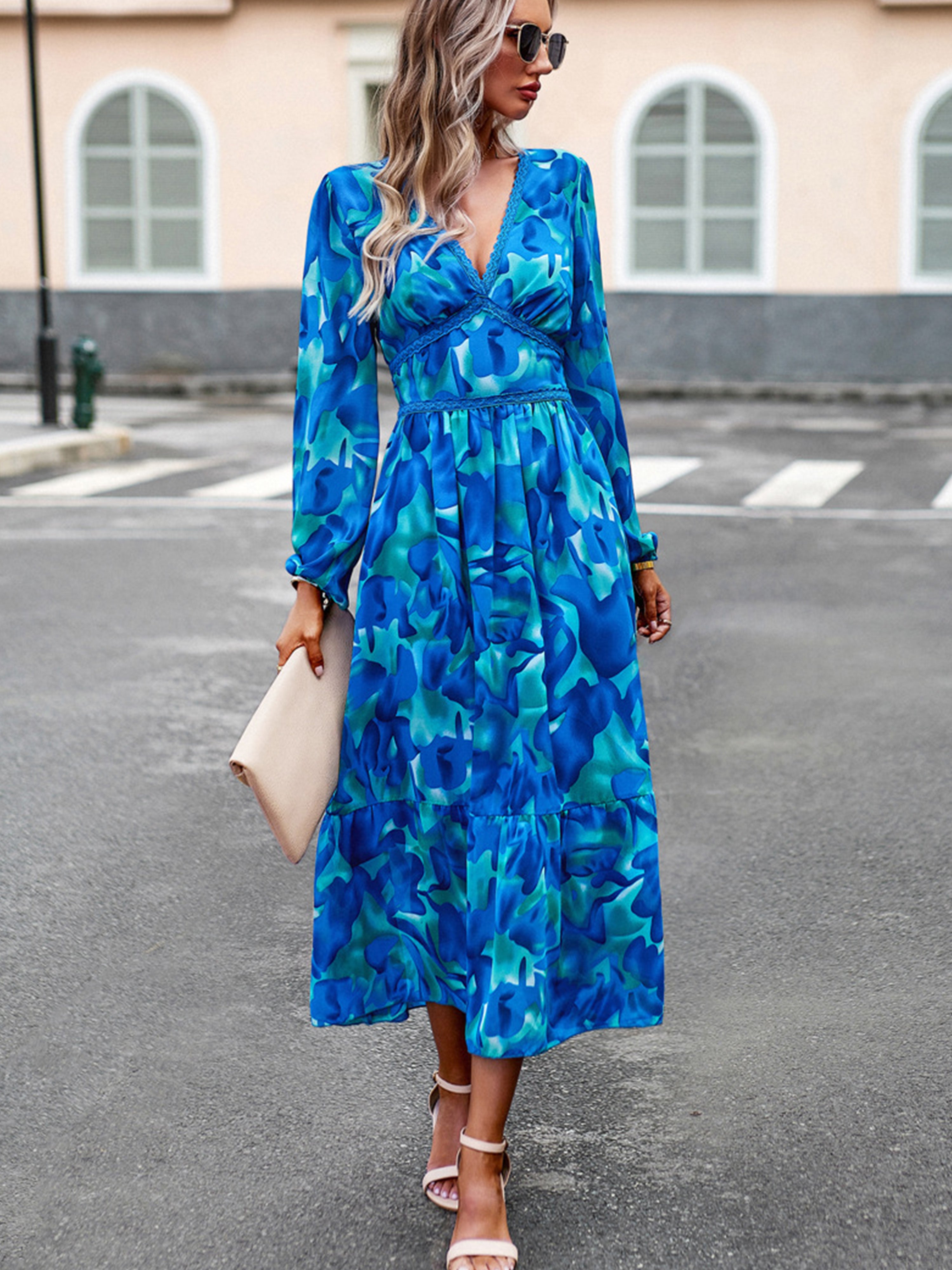 Robe Bleu Trapèze Col V Manches Longues Robe Invitée de Mariage