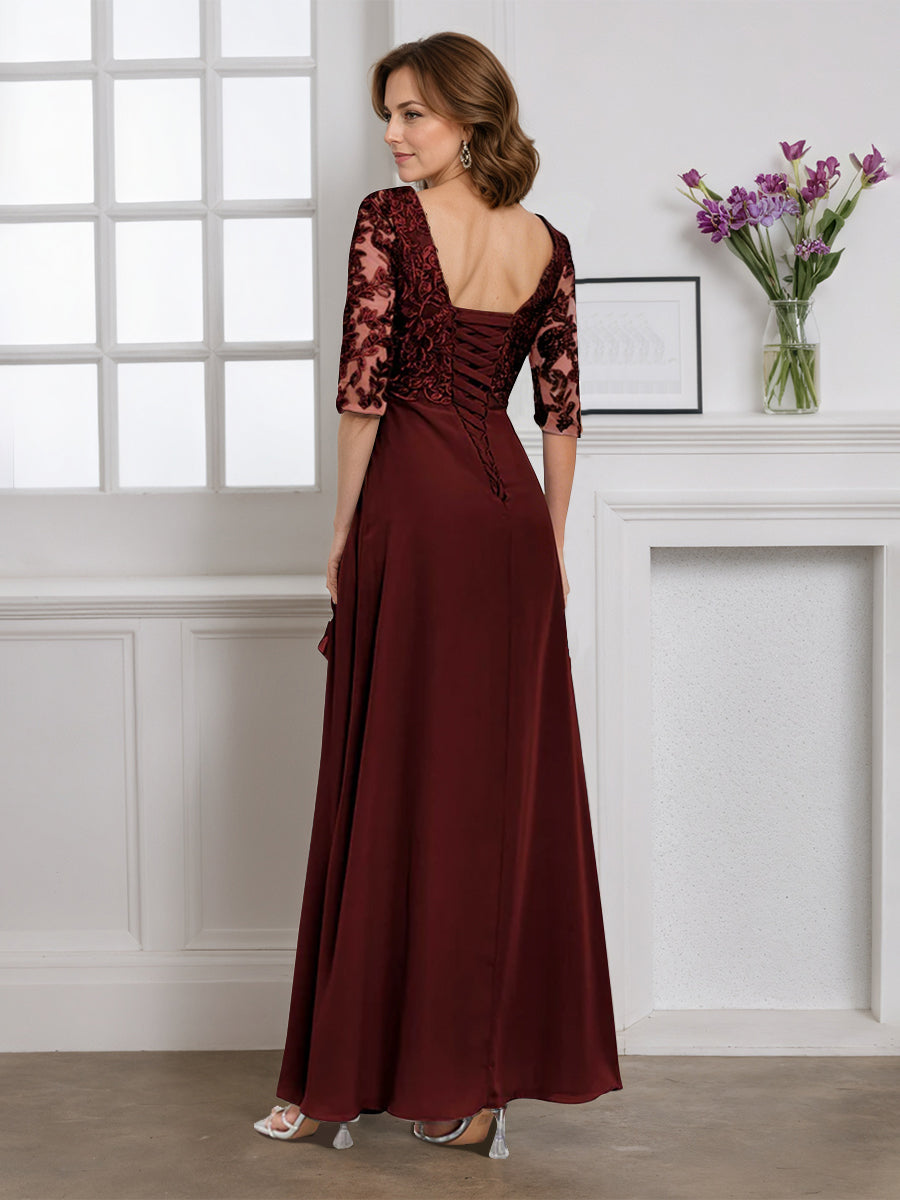 Cicinia Robe pour Mère de la Mariée BORDEAUX Longue A-Line en Mousseline Dentelle Décolleté en V Longueur Sol
