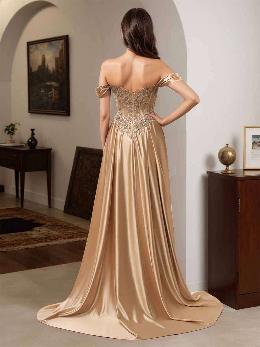 Cicinia Robe de Soirée CHAMPAGNE Longue Fourreau Appliqués Dentelle Épaules Dénudées