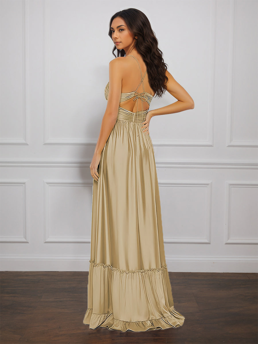 Cicinia CHAMPAGNE Robe de Soirée Longue en Satin Doux A-Line Bretelles Spaghetti Traîne Balayée