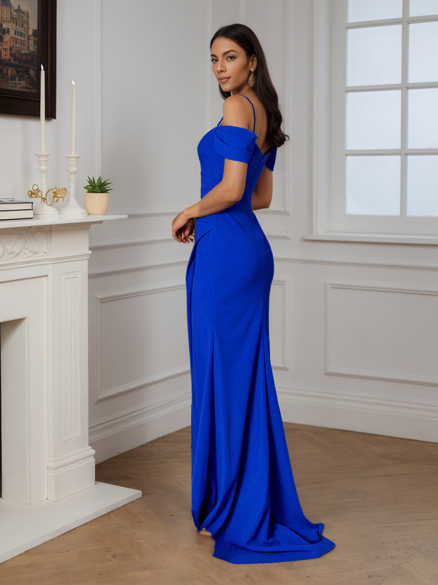 Cicinia BLEU ROYALE Robe de Soirée Longue Fourreau à Bretelles Spaghetti Fente Élégante