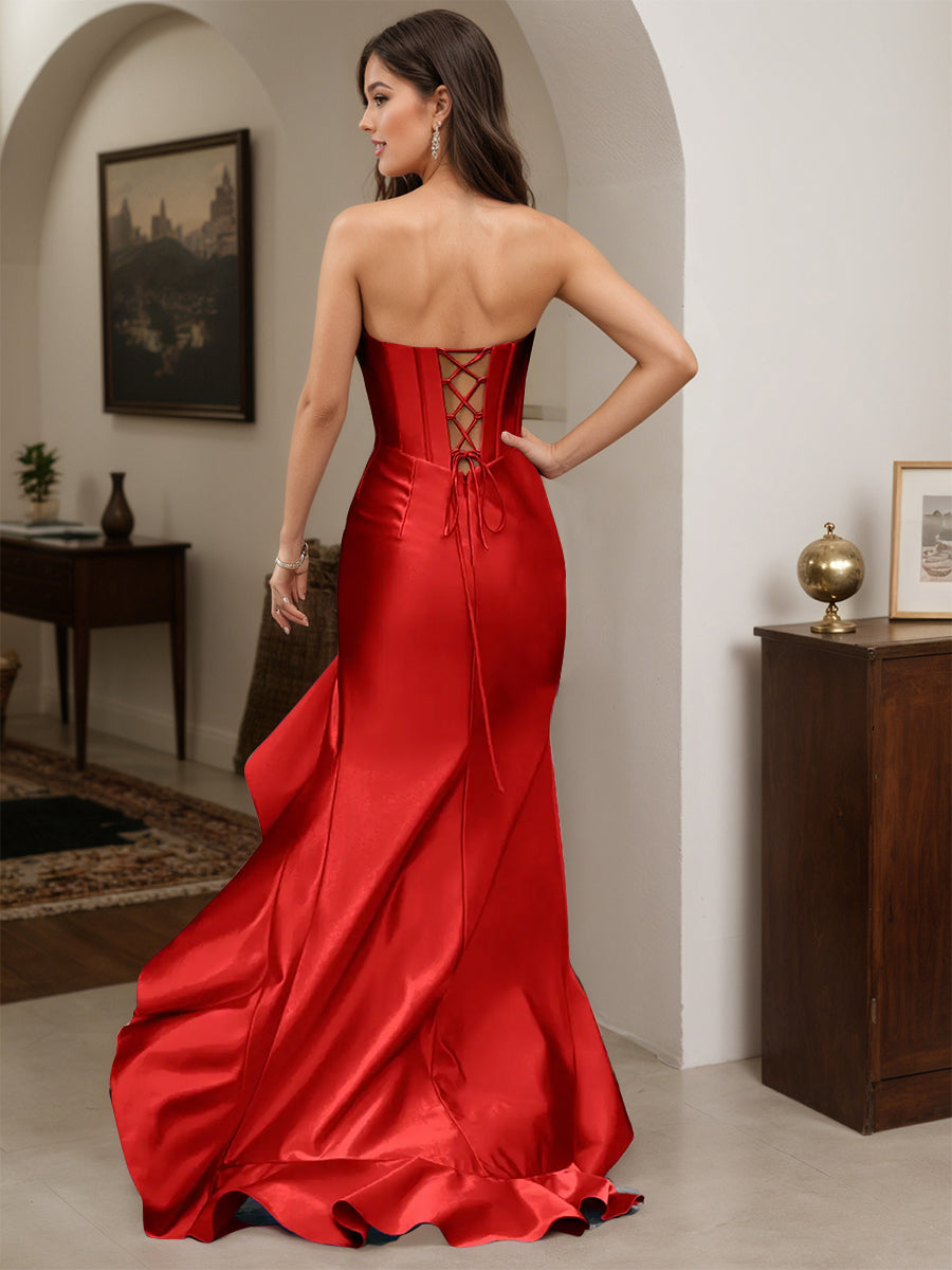 Cicinia Robe de Soirée Rouge Longue Fourreau sans Bretelles à Volants