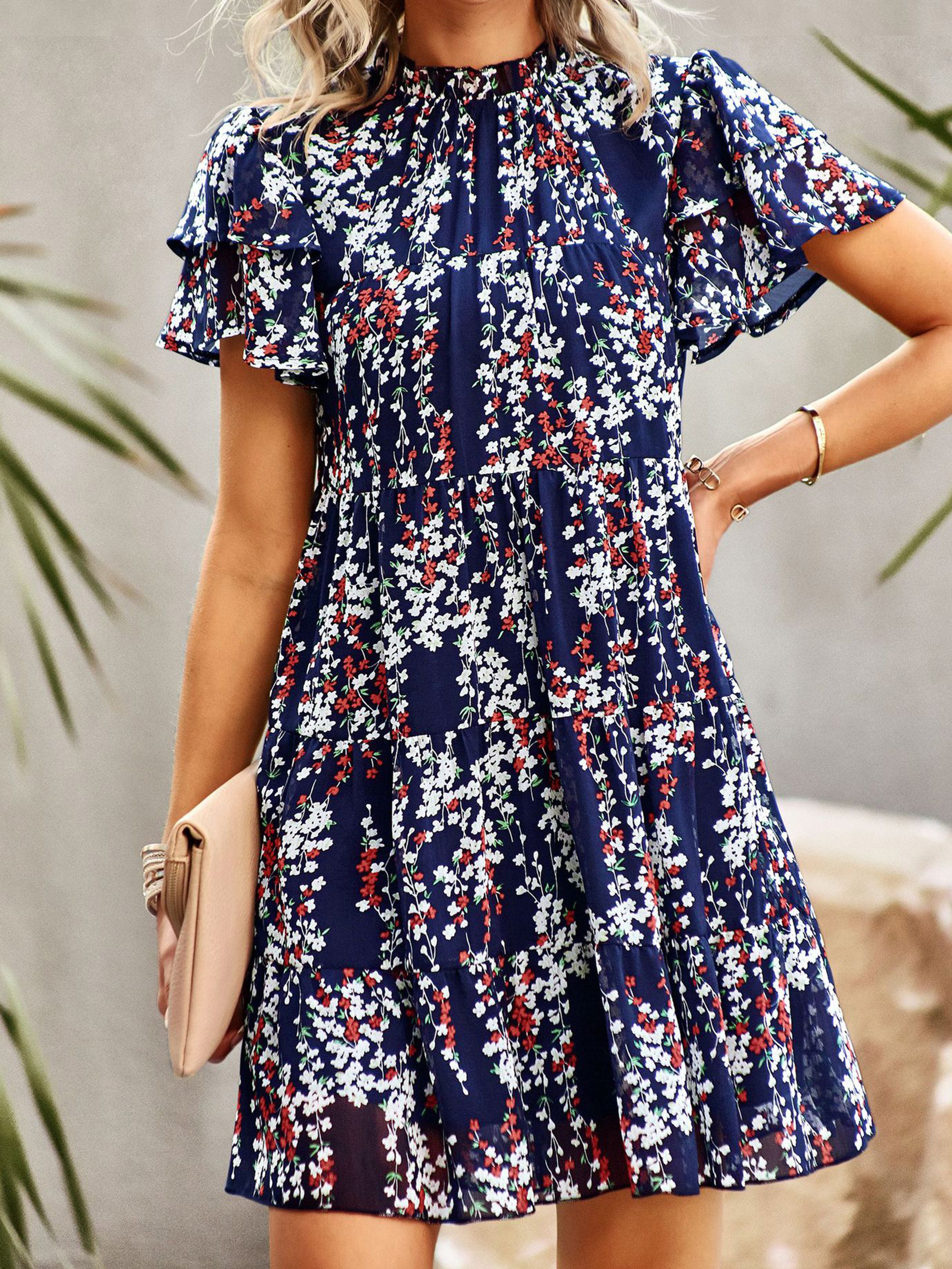 Robe Trapèze Col Roulé Mi-Haut Manches Courtes Robe Invitée de Mariage en Bleu Marine