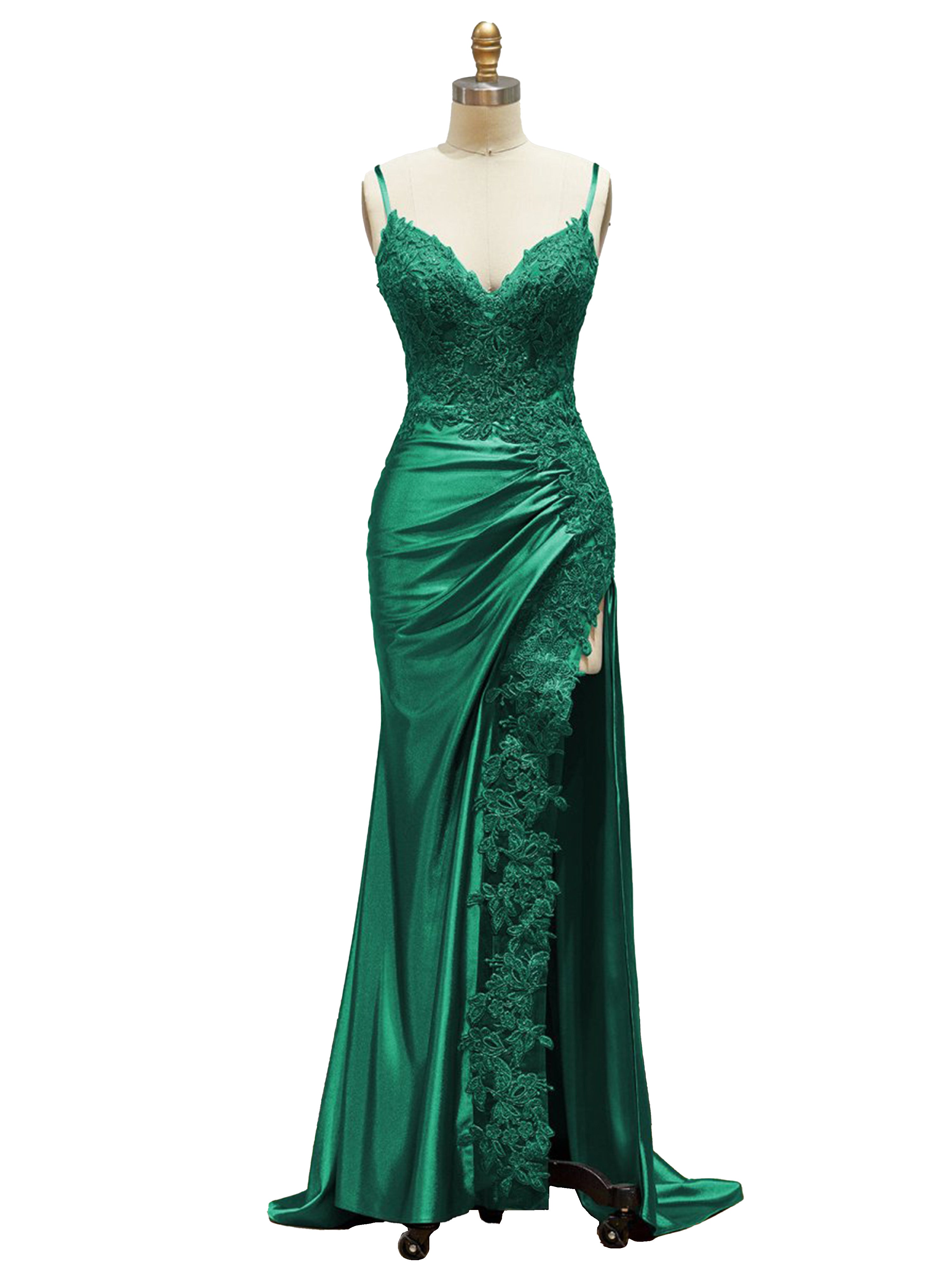 Robe de Soirée VERT FONCE Col V Bretelles Spaghetti en Dentelle Fourreau Fendue Robe de Bal