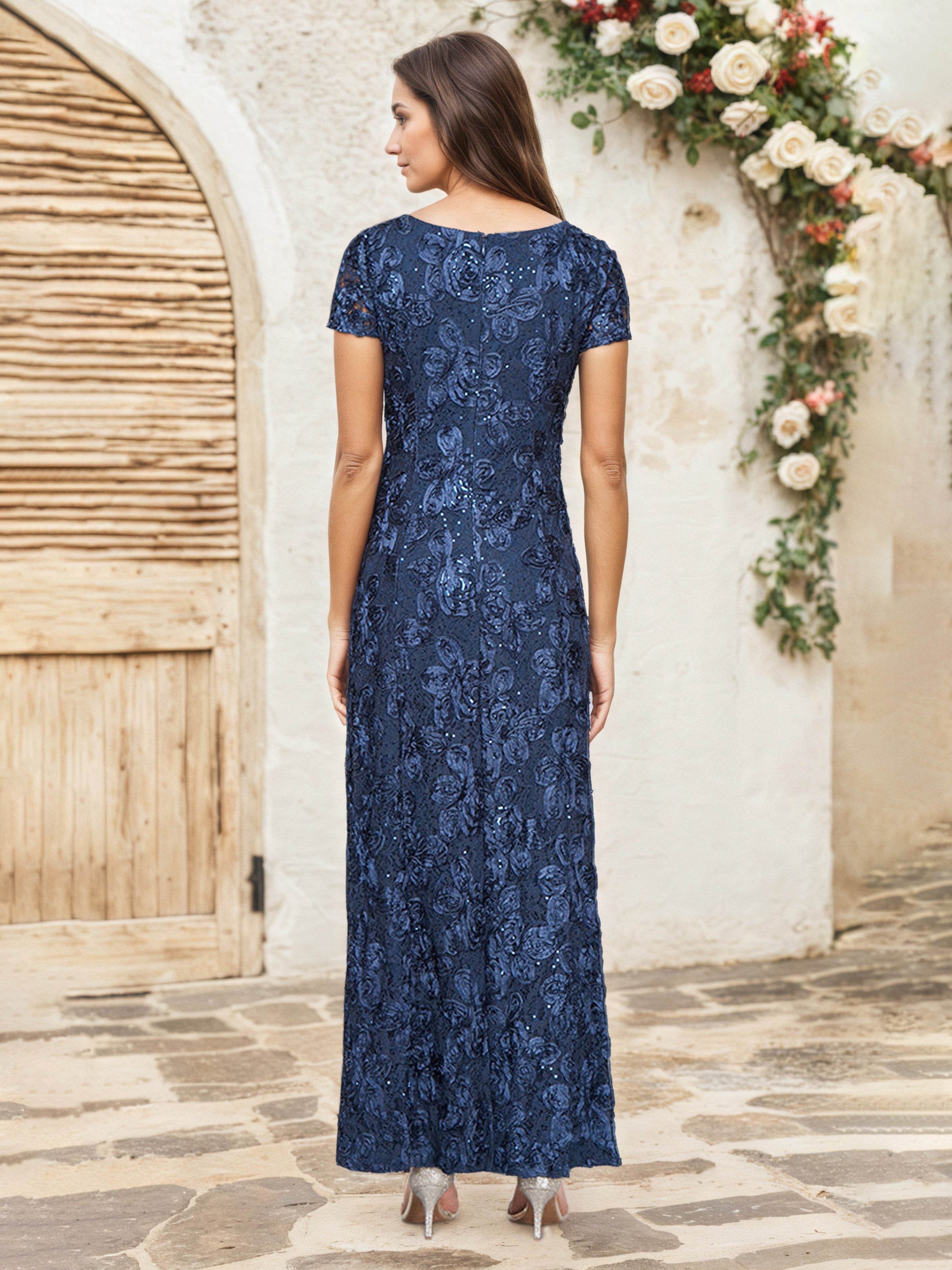 Robe Cérémonie Mariage Mère Du Marié BLEU_MARINE Paillettes Florales Fourreau/Colonne Robe Mère de la Mariée