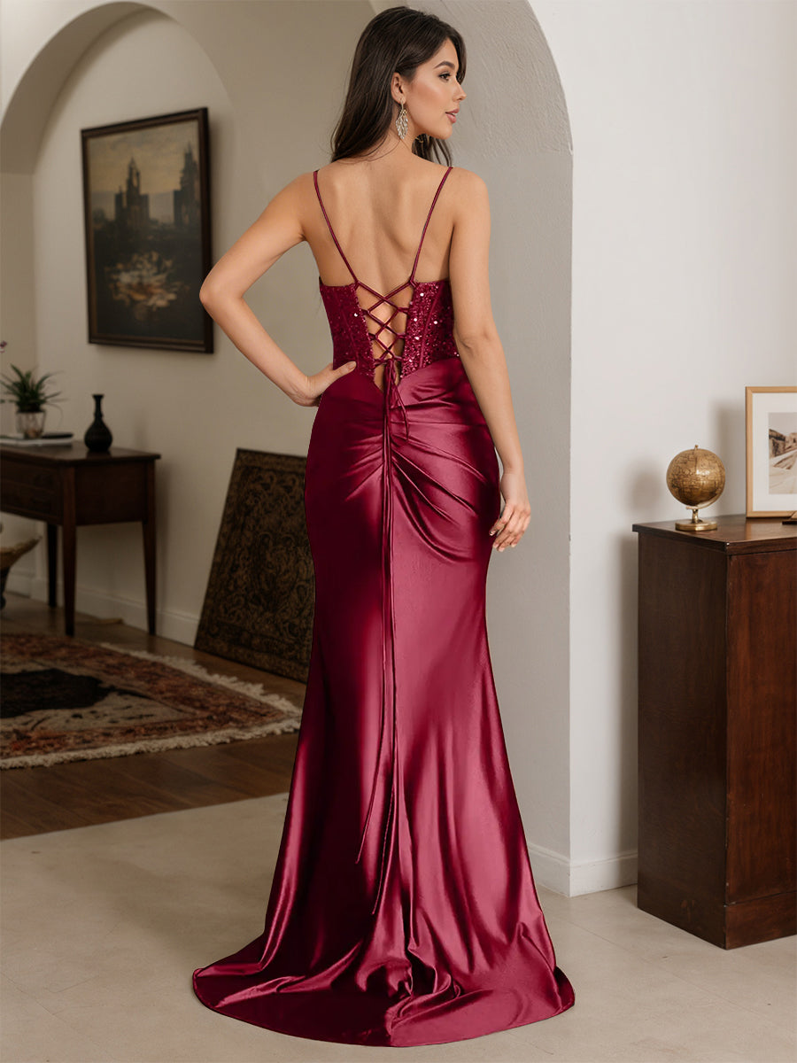 Cicinia Robe de Soirée BORDEAUX Longue en Satin Extensible Fourreau à Bretelles Spaghetti avec Traîne Balayée