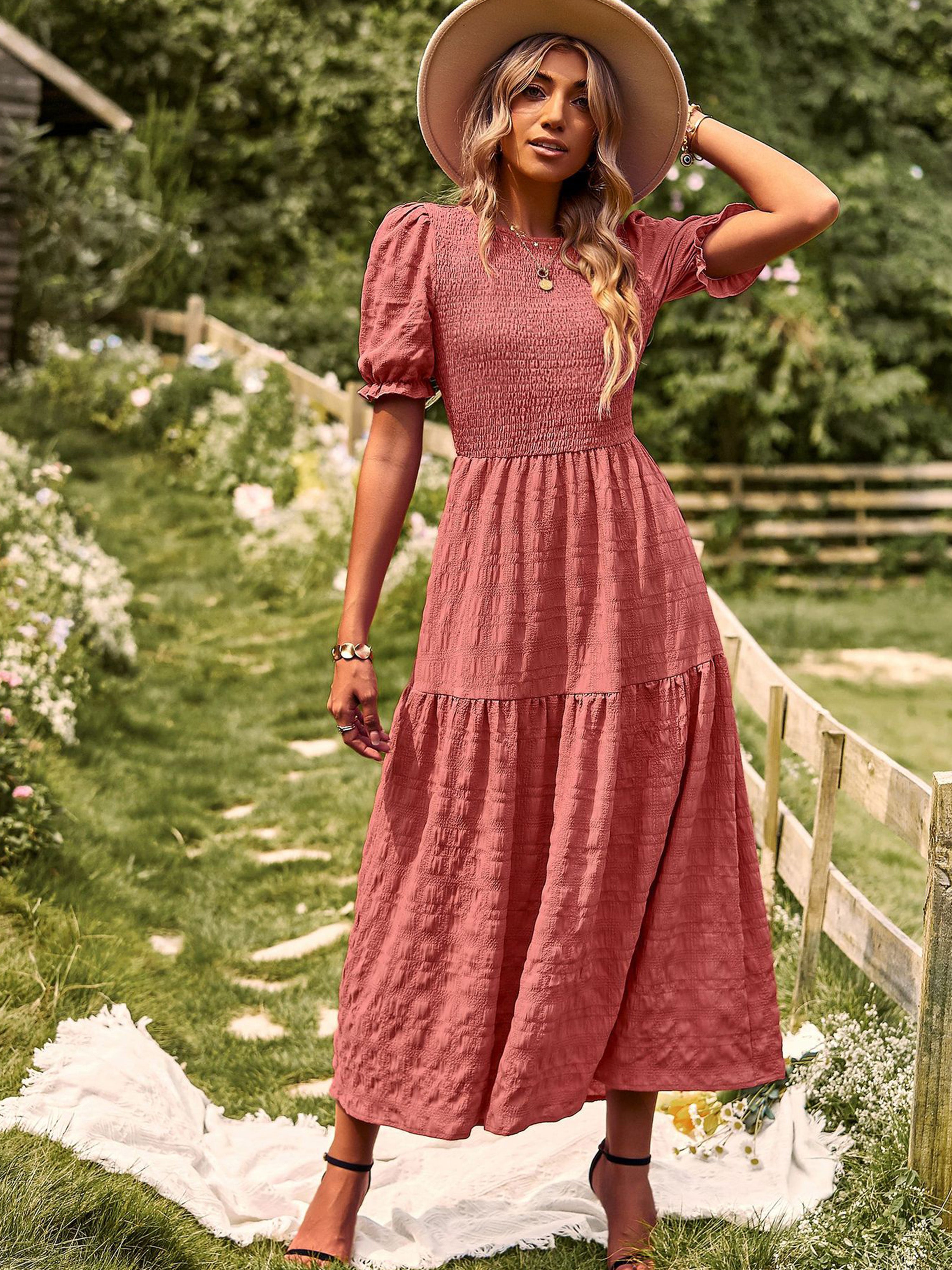 Robe Longue Trapèze Col Rond Manches Courtes à Volants Robe Invitée de Mariage en Orange