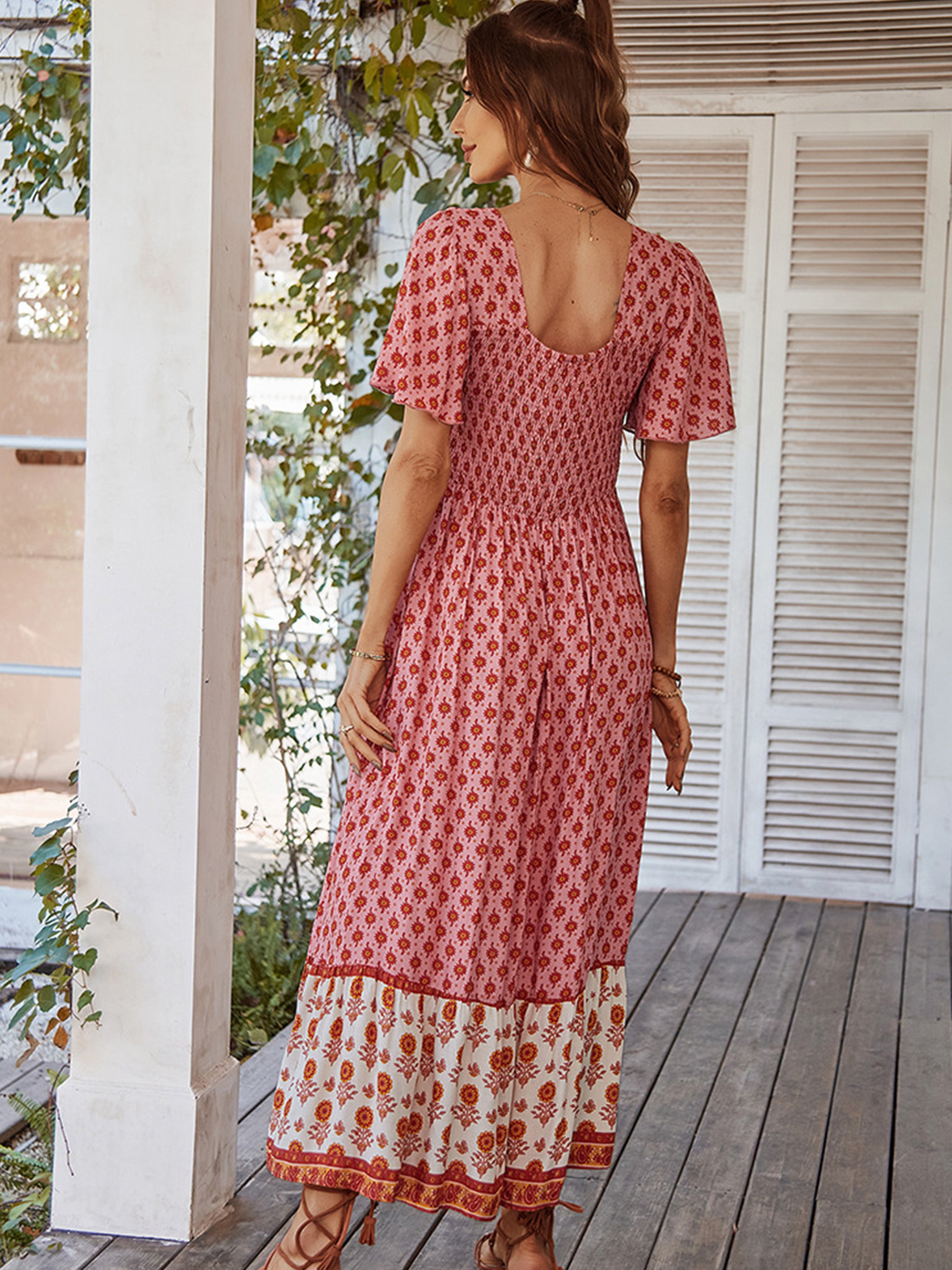 Robe Trapèze Col Carré Manches Courtes Robe Invitée de Mariage en Rose