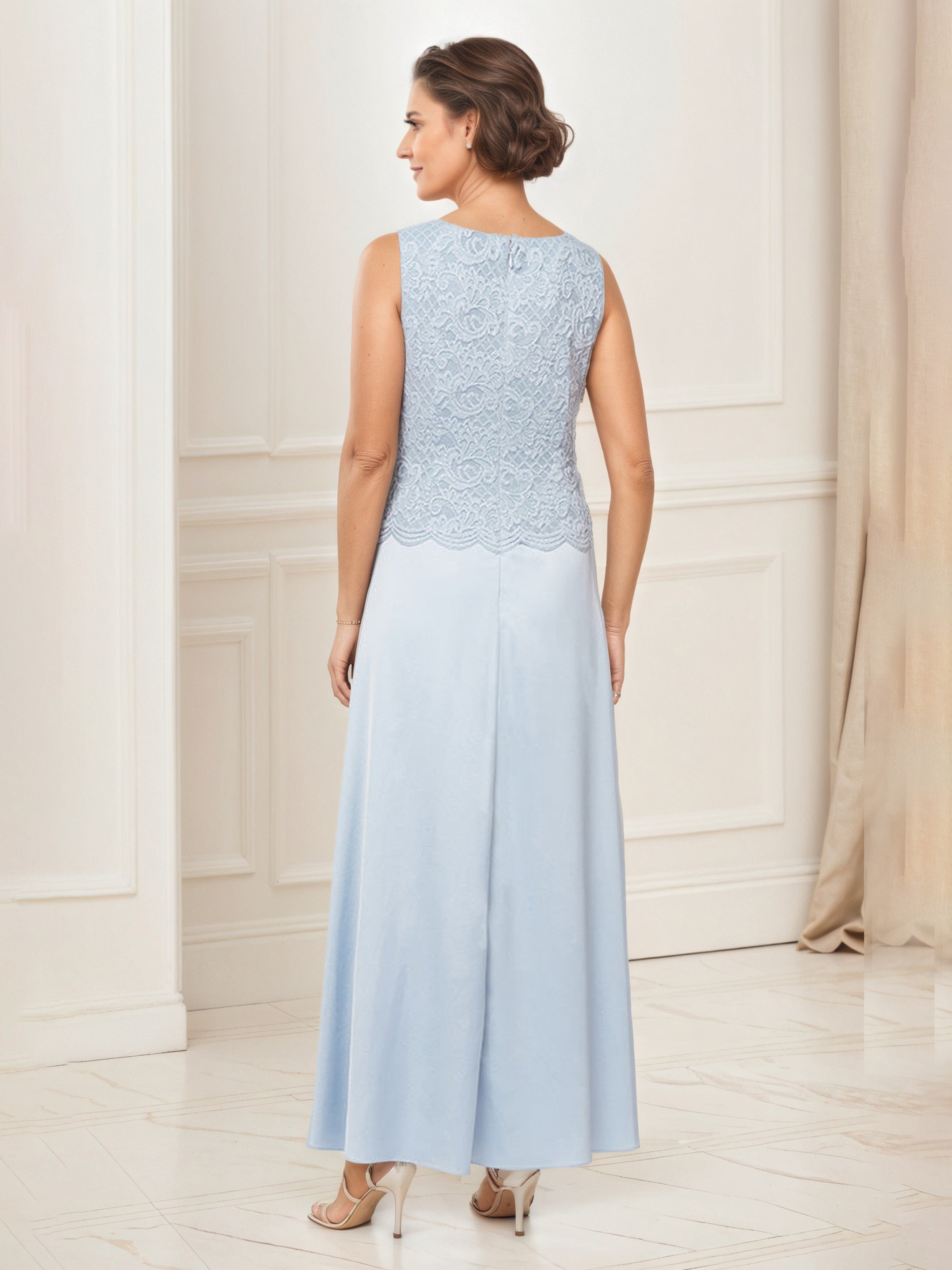 Tenue Mère De la Mariée Très Chic BLEU_CIEL Col Rond Robe Ensemble Manches 3/4 Avec Veste en Dentelle