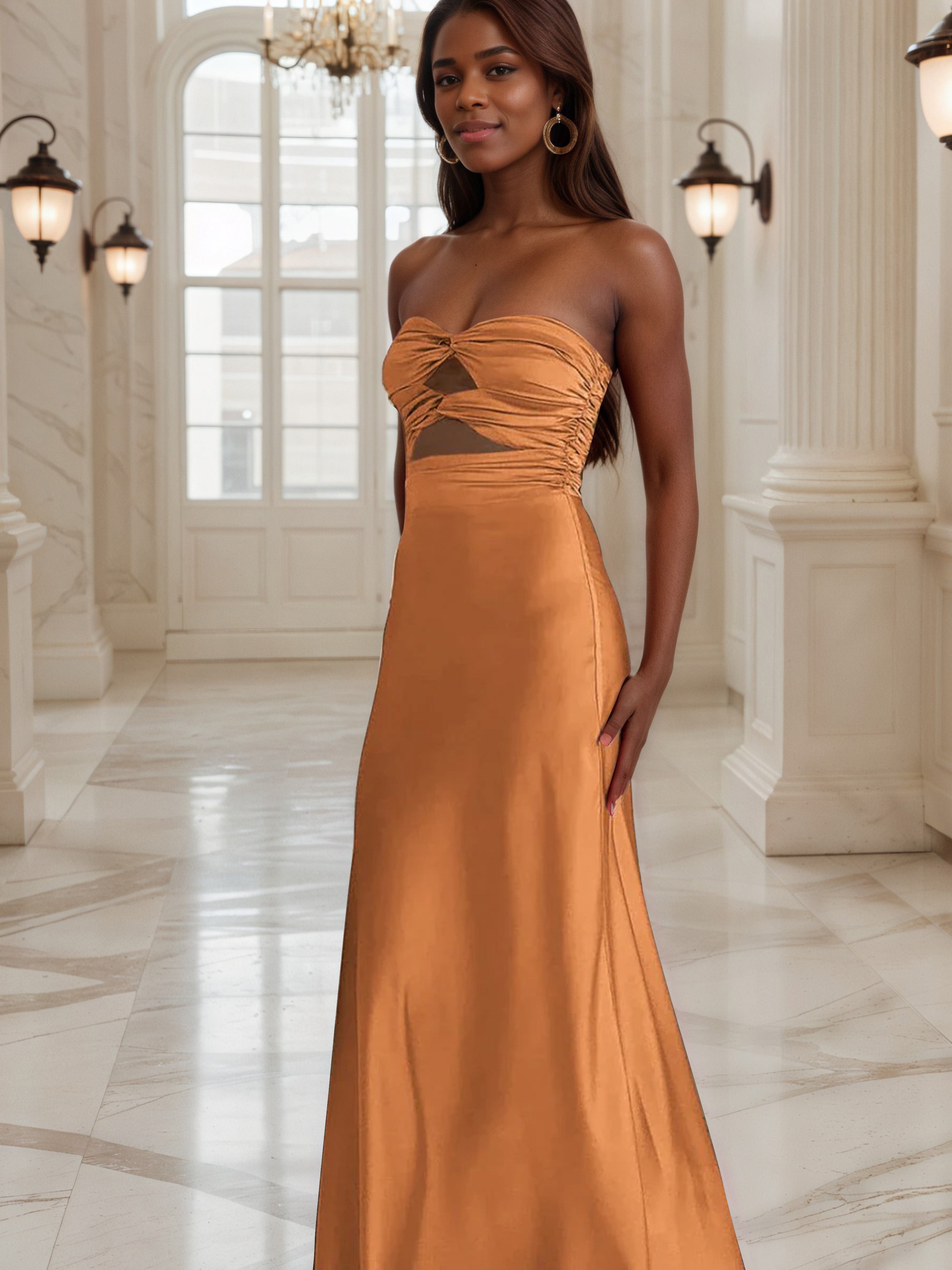 Robe de Soirée Orange Robe Bustier Fourreau avec Ouverture en Forme de Trou