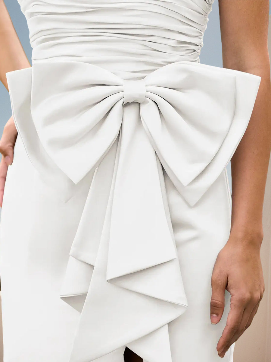 Cicinia Robe de Soirée Blanche Longue en Tissu Extensible Fourreau sans Bretelles Fente avec Grand Nœud Papillon