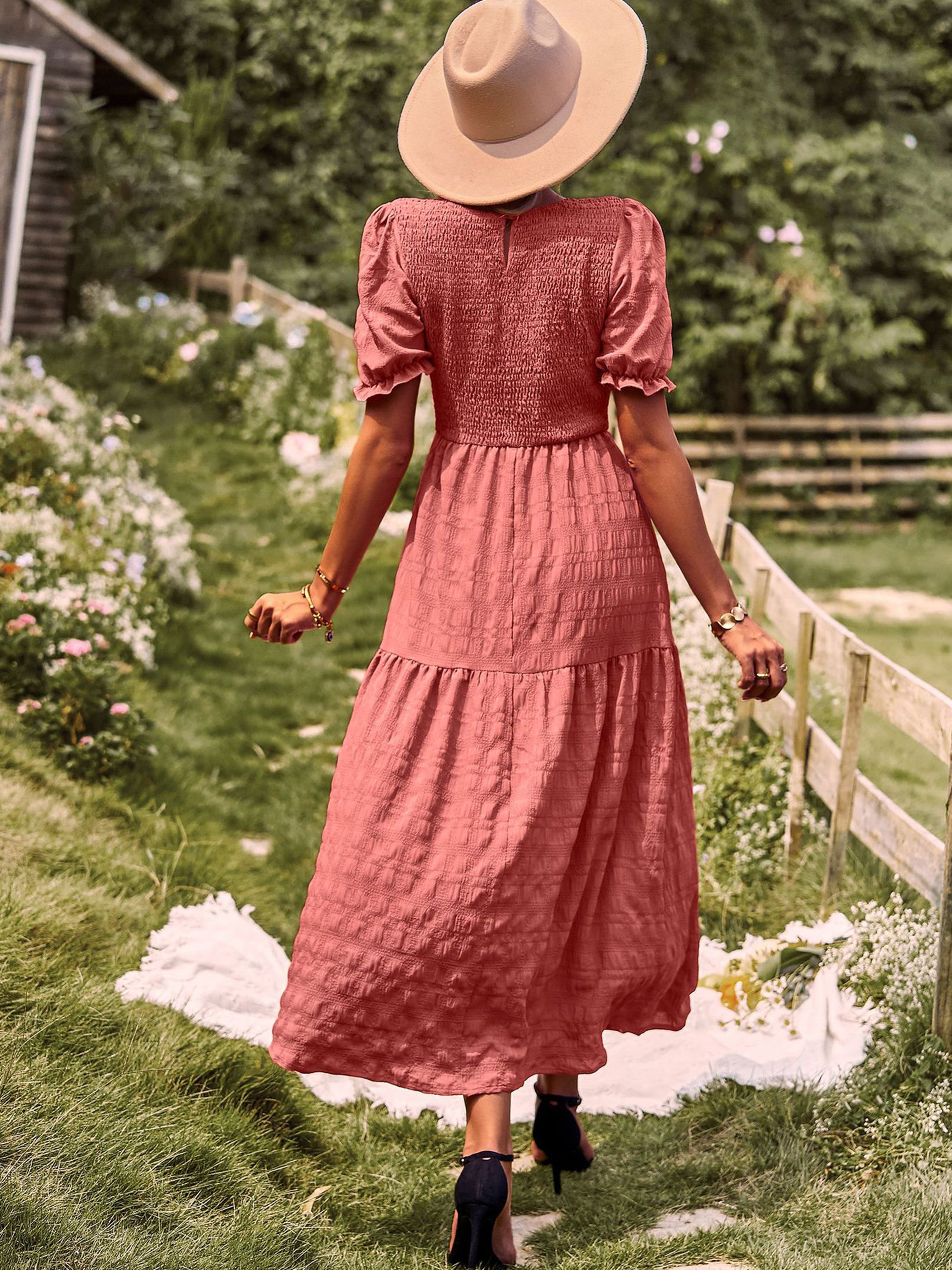 Robe Longue Trapèze Col Rond Manches Courtes à Volants Robe Invitée de Mariage en Orange