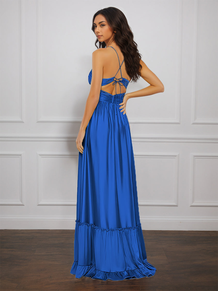 Cicinia BLEU_ROYALE Robe de Soirée Longue en Satin Doux A-Line Bretelles Spaghetti Traîne Balayée