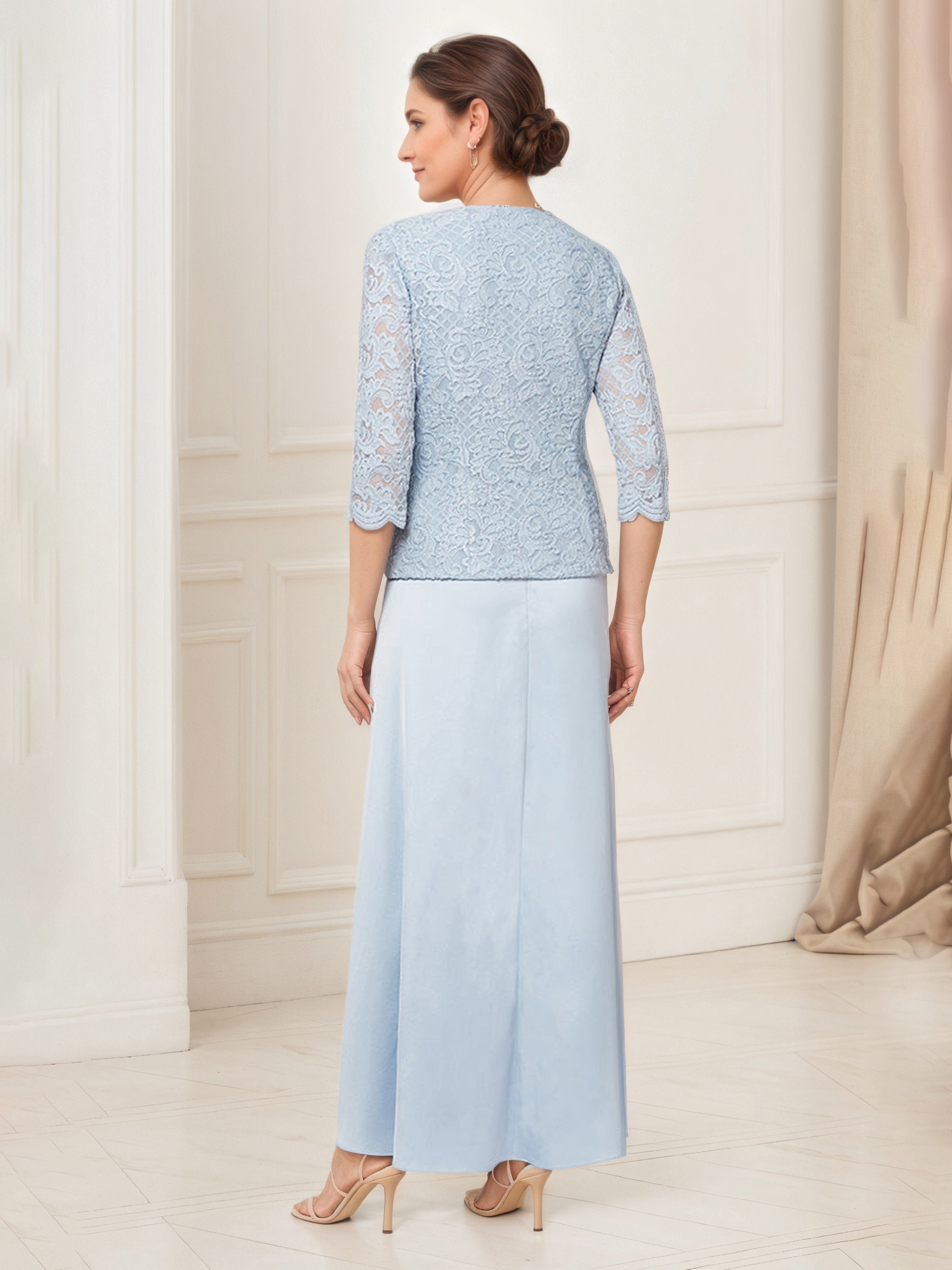 Tenue Mère De la Mariée Très Chic BLEU_CIEL Col Rond Robe Ensemble Manches 3/4 Avec Veste en Dentelle