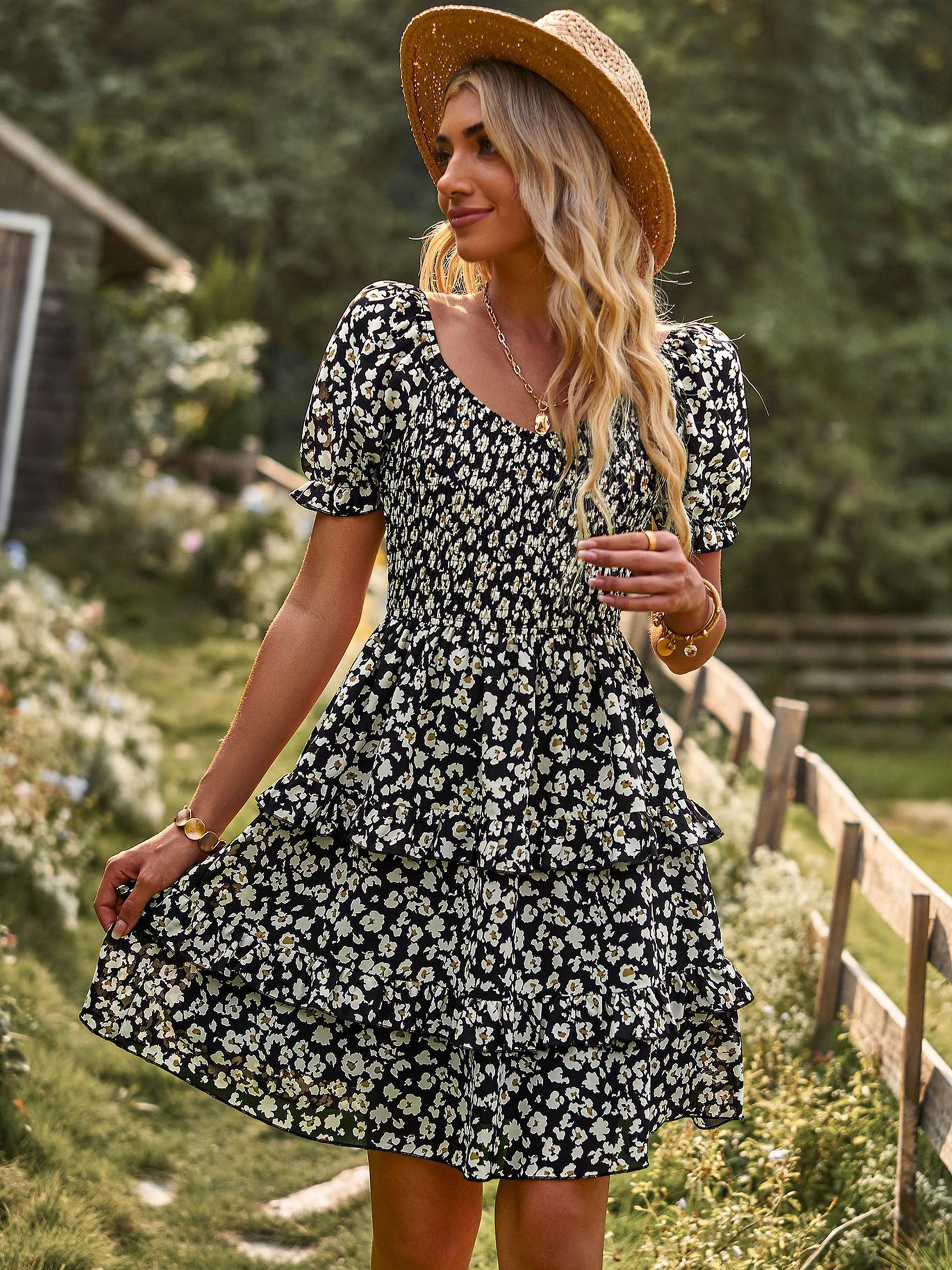 Robe Col Rond Manches Courtes Trapèze Robe Invitée de Mariage en Noir