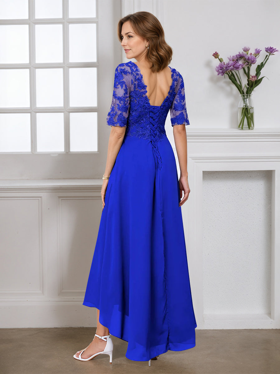 Cicinia Robe pour Mère de la Mariée BLEU ROYALE Longue A-Line en Mousseline Dentelle Manches Demi-longues Décolleté en V Ourlet Asymétrique