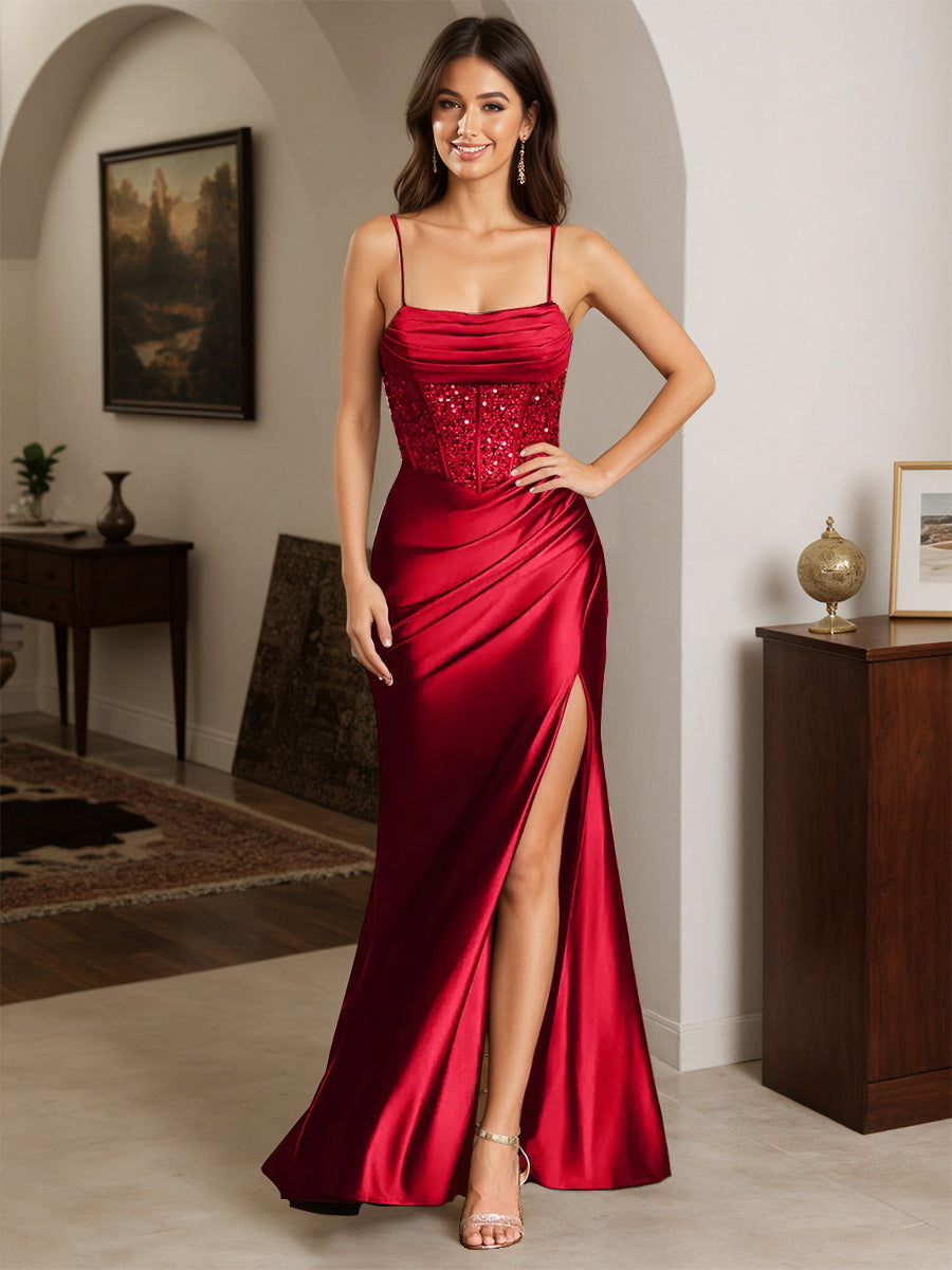 Cicinia Robe de Soirée Rouge Longue en Satin Extensible Fourreau à Bretelles Spaghetti avec Traîne Balayée