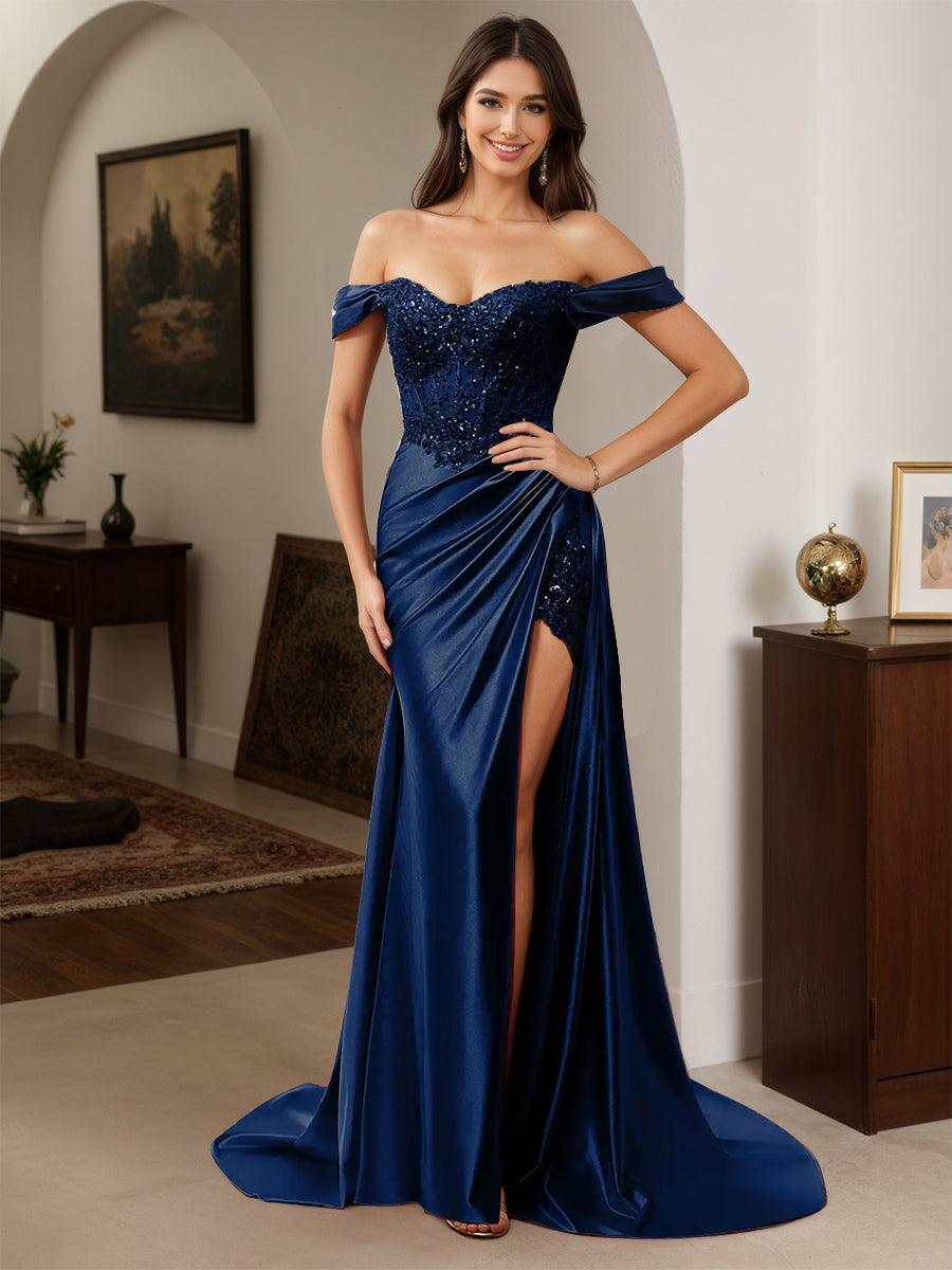 Cicinia Robe de Soirée BLEU MARINE Longue Fourreau Appliqués Dentelle Épaules Dénudées