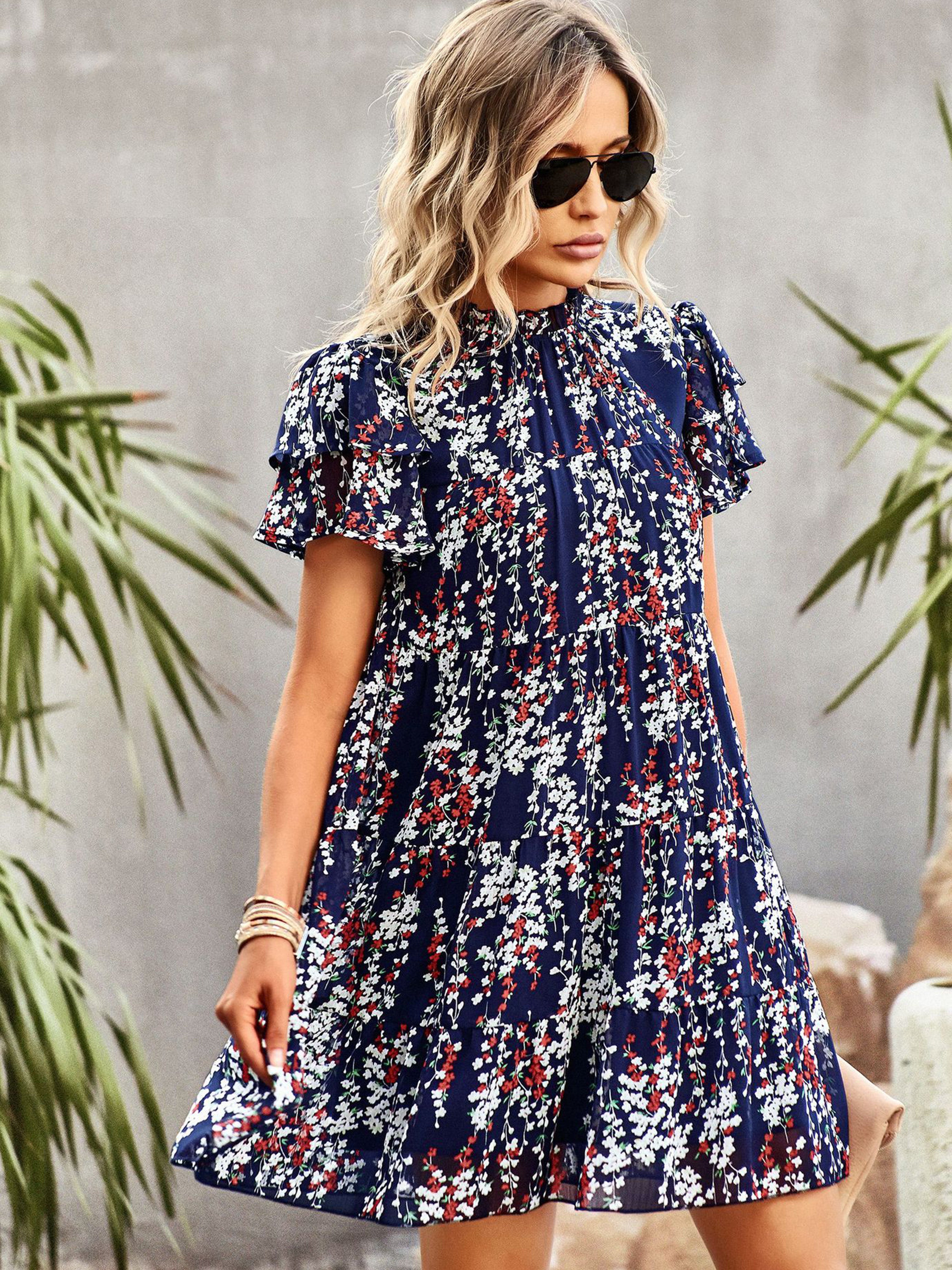 Robe Trapèze Col Roulé Mi-Haut Manches Courtes Robe Invitée de Mariage en Bleu Marine