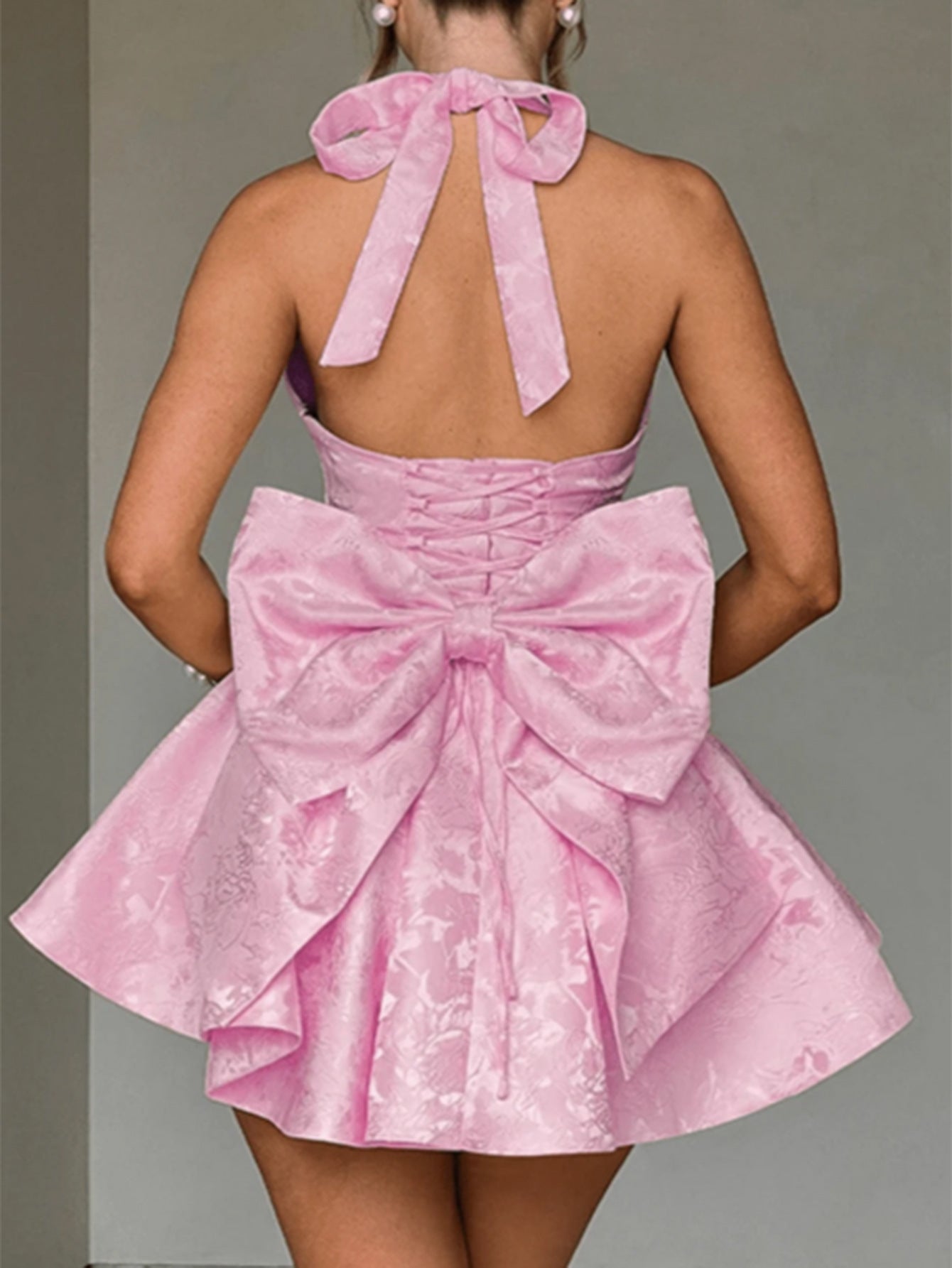 Robe Invitée Mariage ROSE Imprimée Mini Décolleté en U à Nœud et Dos Nudé