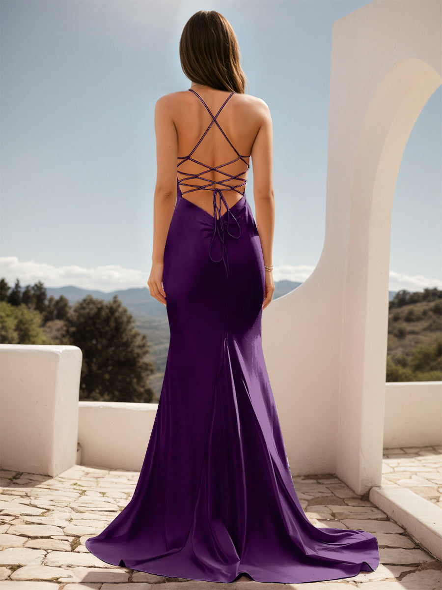 Cicinia Raisin Robe de Soirée Longue en Tissu Extensible Fourreau à Bretelles Spaghetti Dos Nud