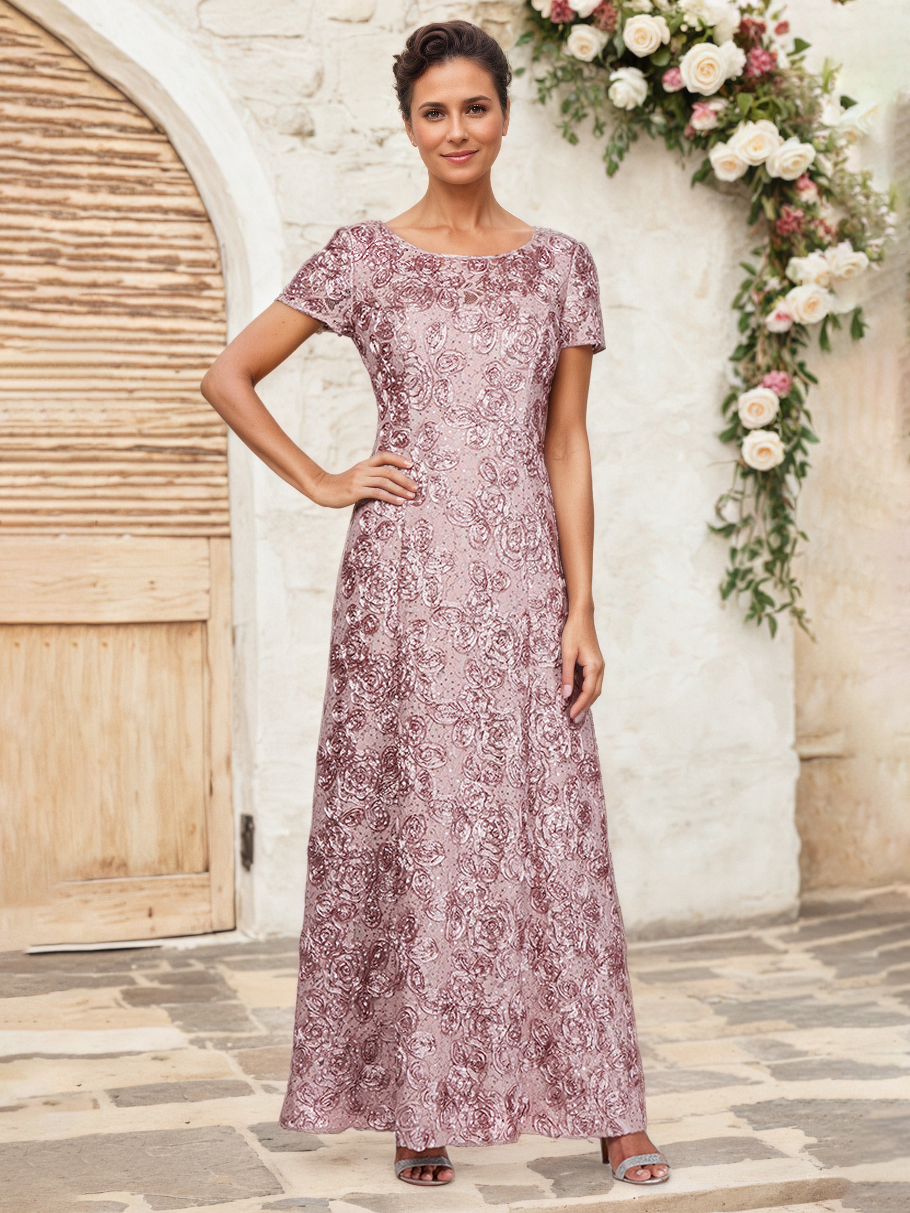 Robe Cérémonie Mariage Mère Du Marié ROSE POUDRE Paillettes Florales Fourreau/Colonne Robe Mère de la Mariée